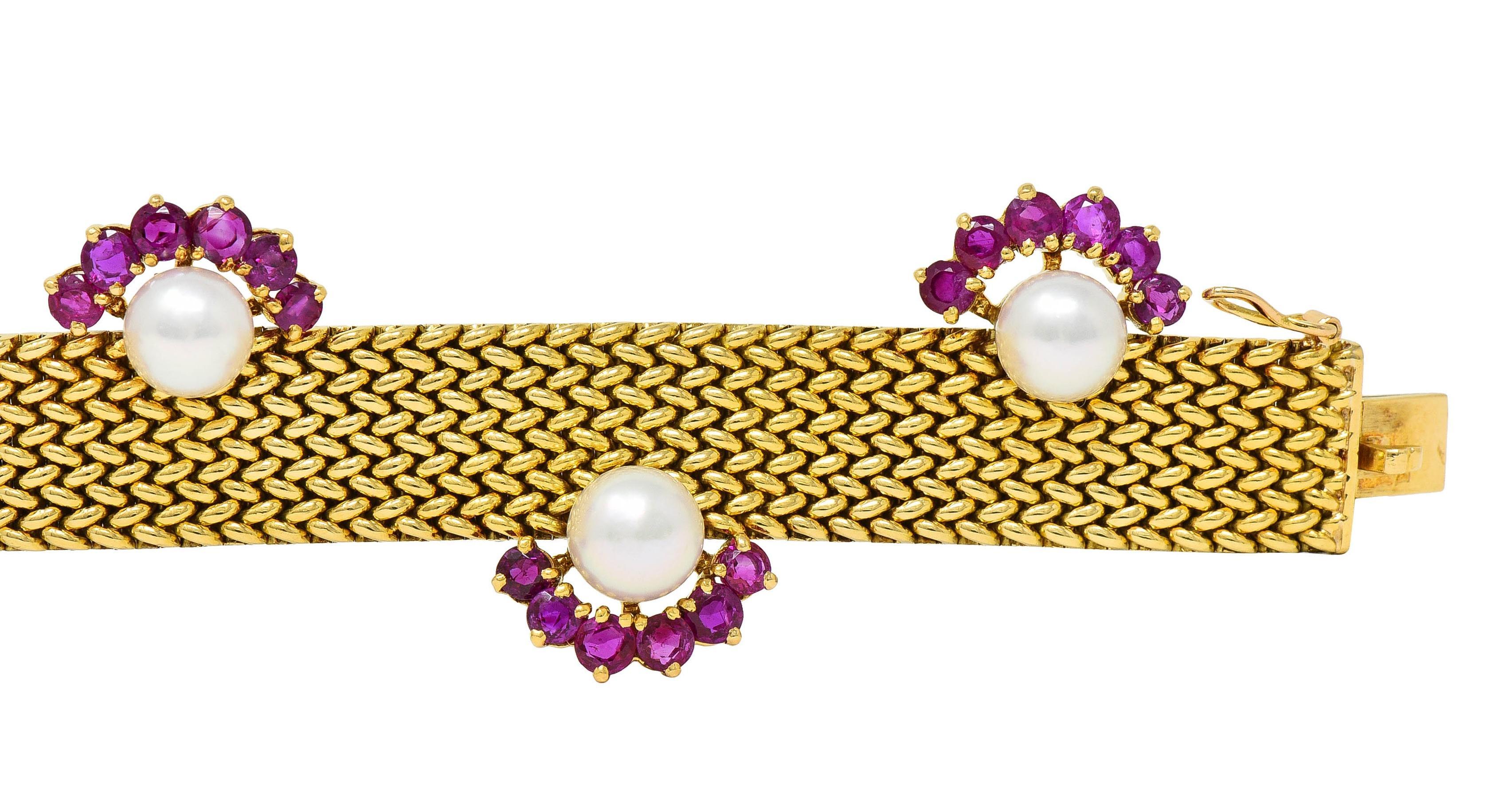 Bracelet vintage tissé en or jaune 18 carats, perles et rubis, France, années 1960 en vente 3