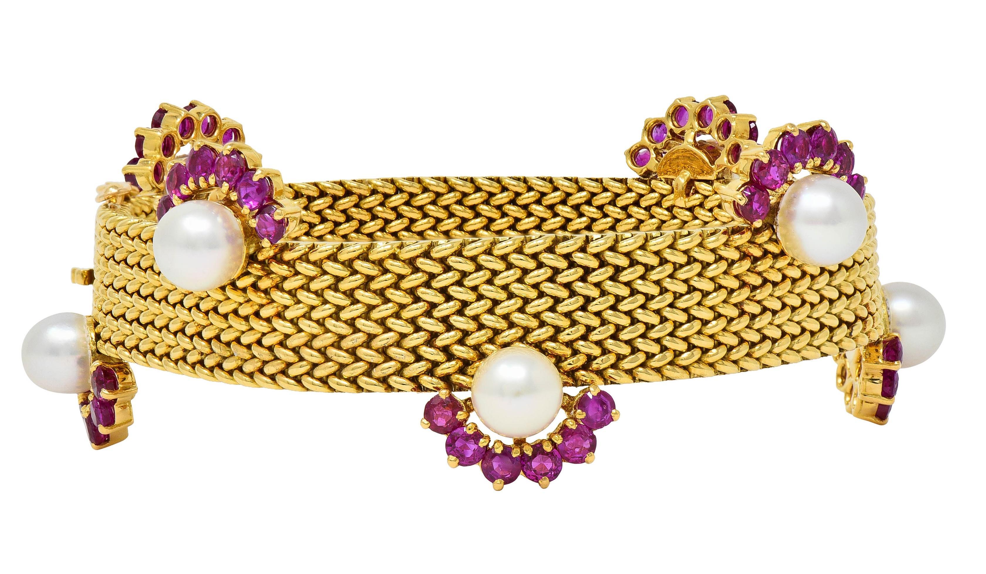 Bracelet vintage tissé en or jaune 18 carats, perles et rubis, France, années 1960 en vente 4