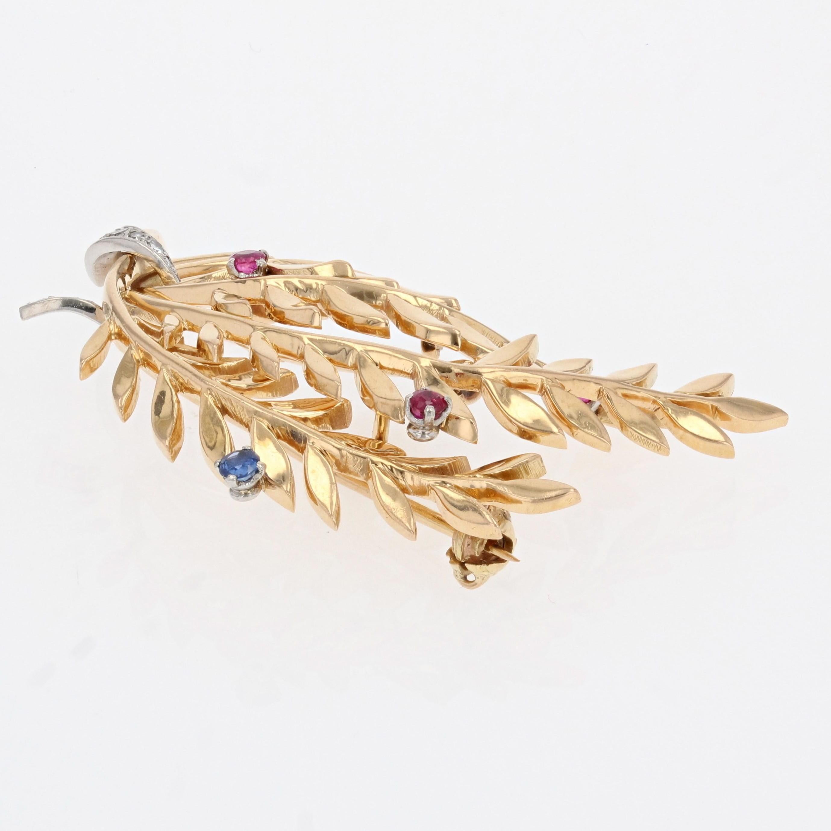 Women's French 1960s Ruby Sapphire Diamonds 18 Karat Yellow Gold Brooch
