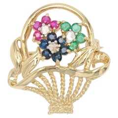 Vintage French 1960s Ruby Sapphire Emerald 18 Karat Yellow Gold Bouquet Brooch