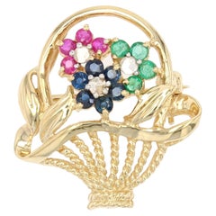 1960er Jahre Rubin-Saphir-Smaragd-Blumenstrauß-Brosche aus 18 Karat Gelbgold