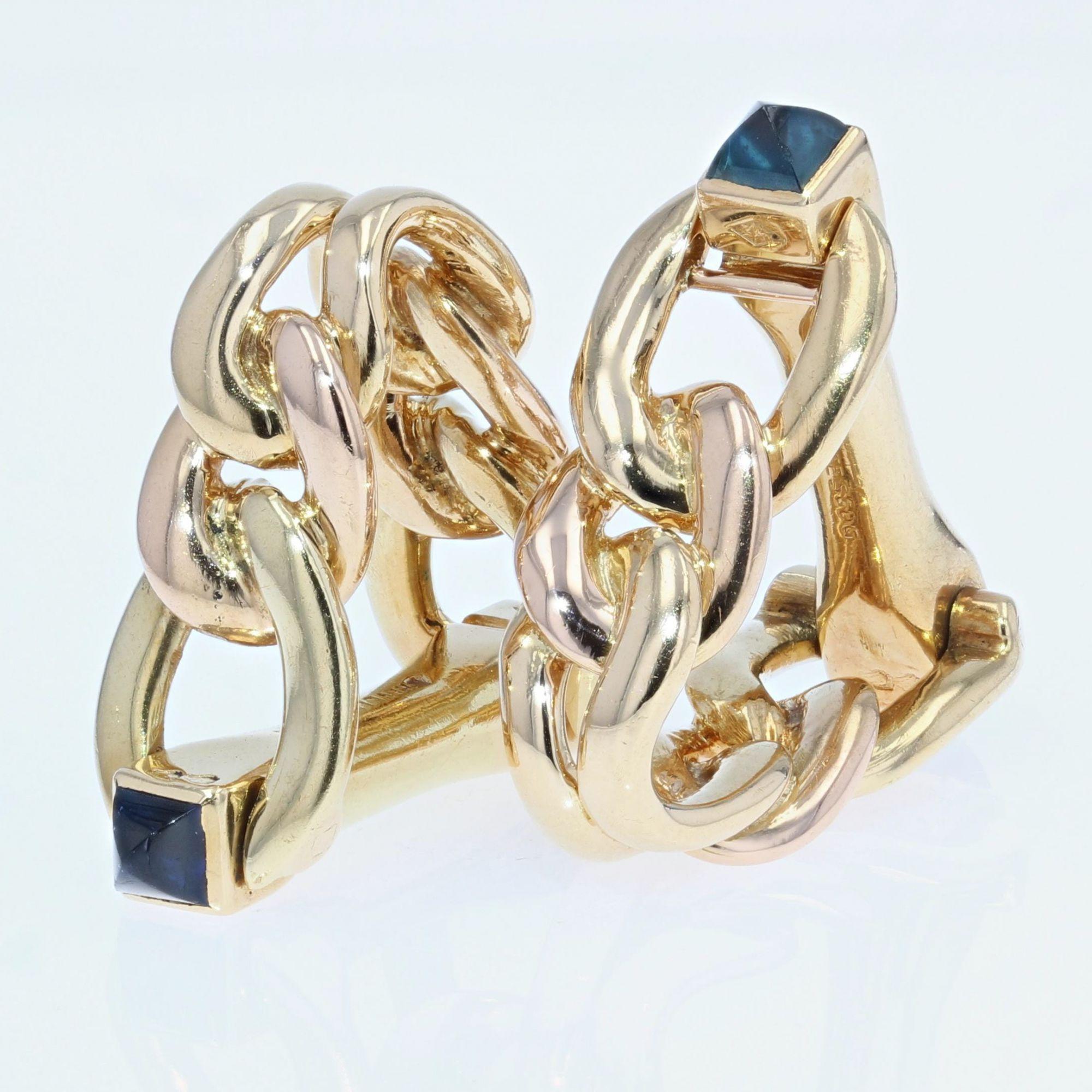 Men's French 1960s Sapphire 18 Karat Yellow Gold Stirrup Design Cufflinks For Sale