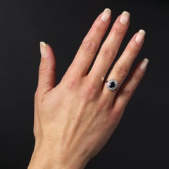 French 1960s Sapphire Diamonds 18 Karat White Gold Daisy Ring