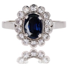 French 1960s Sapphire Diamonds 18 Karat White Gold Daisy Ring