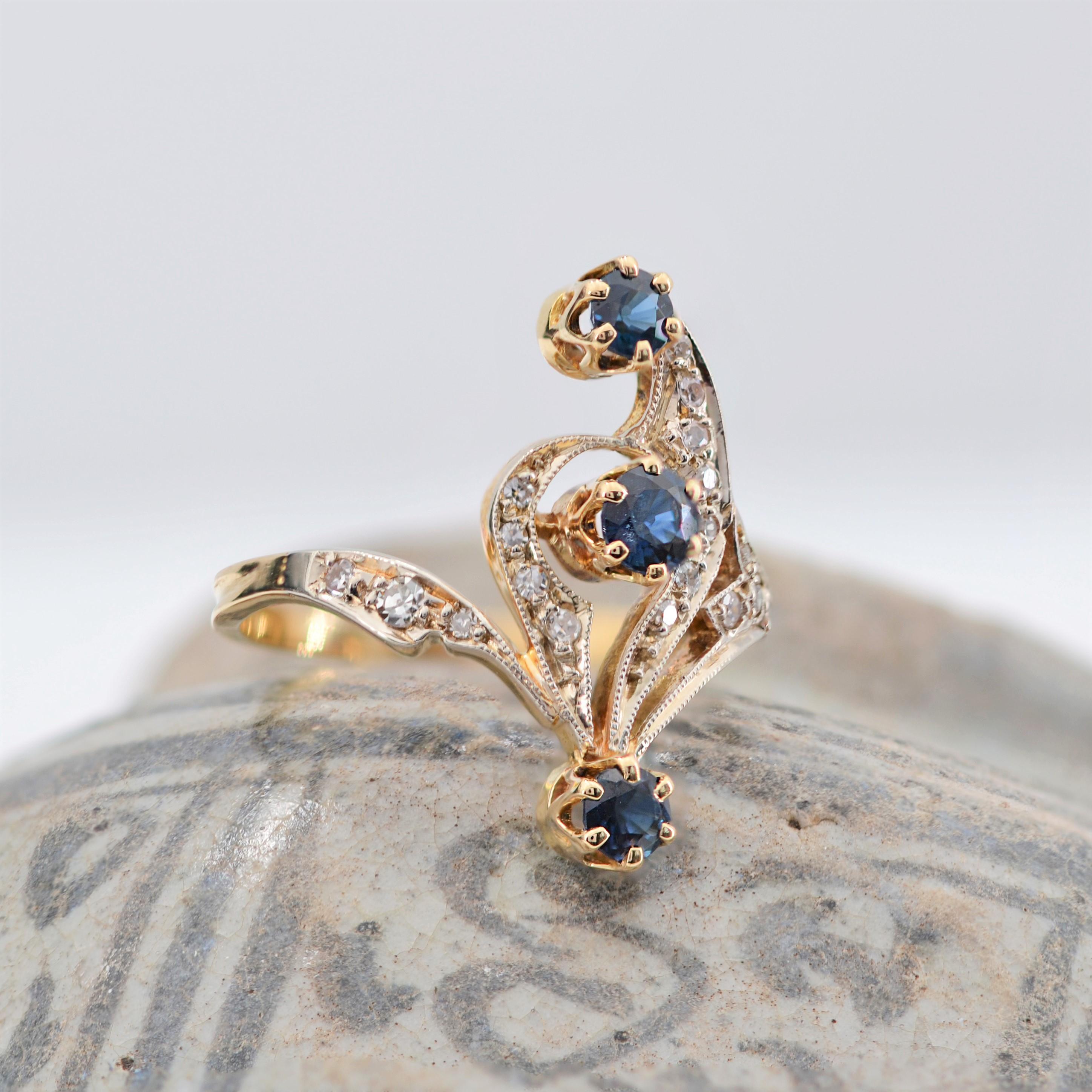 Französischer 1960er Saphir-Diamanten-Ring aus 18 Karat Gelbgold im Angebot 5