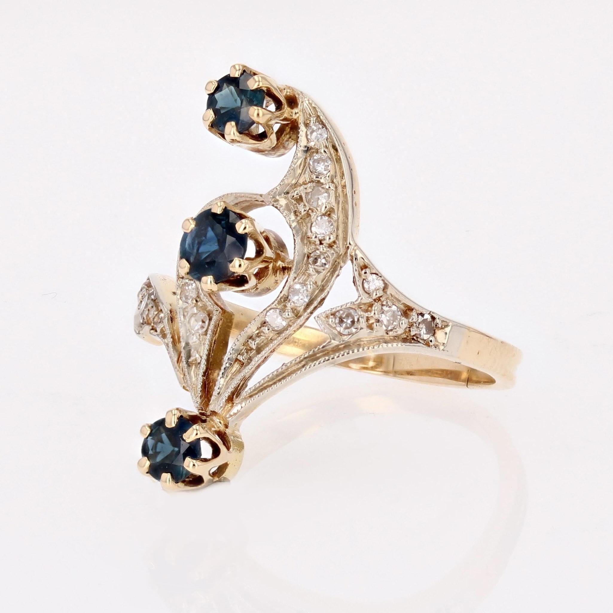 Französischer 1960er Saphir-Diamanten-Ring aus 18 Karat Gelbgold im Angebot 2
