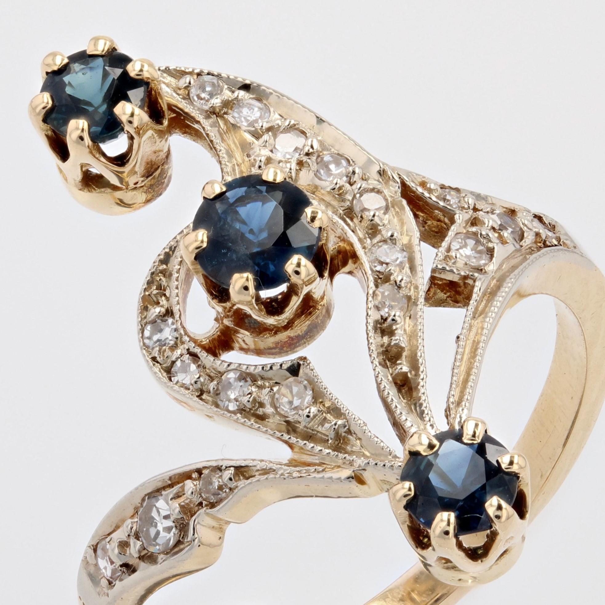 Französischer 1960er Saphir-Diamanten-Ring aus 18 Karat Gelbgold im Angebot 3