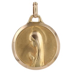 French 1960s Signed Augis 18 Karat Yellow Gold Virgin Mary Lady of Lourdes Medal