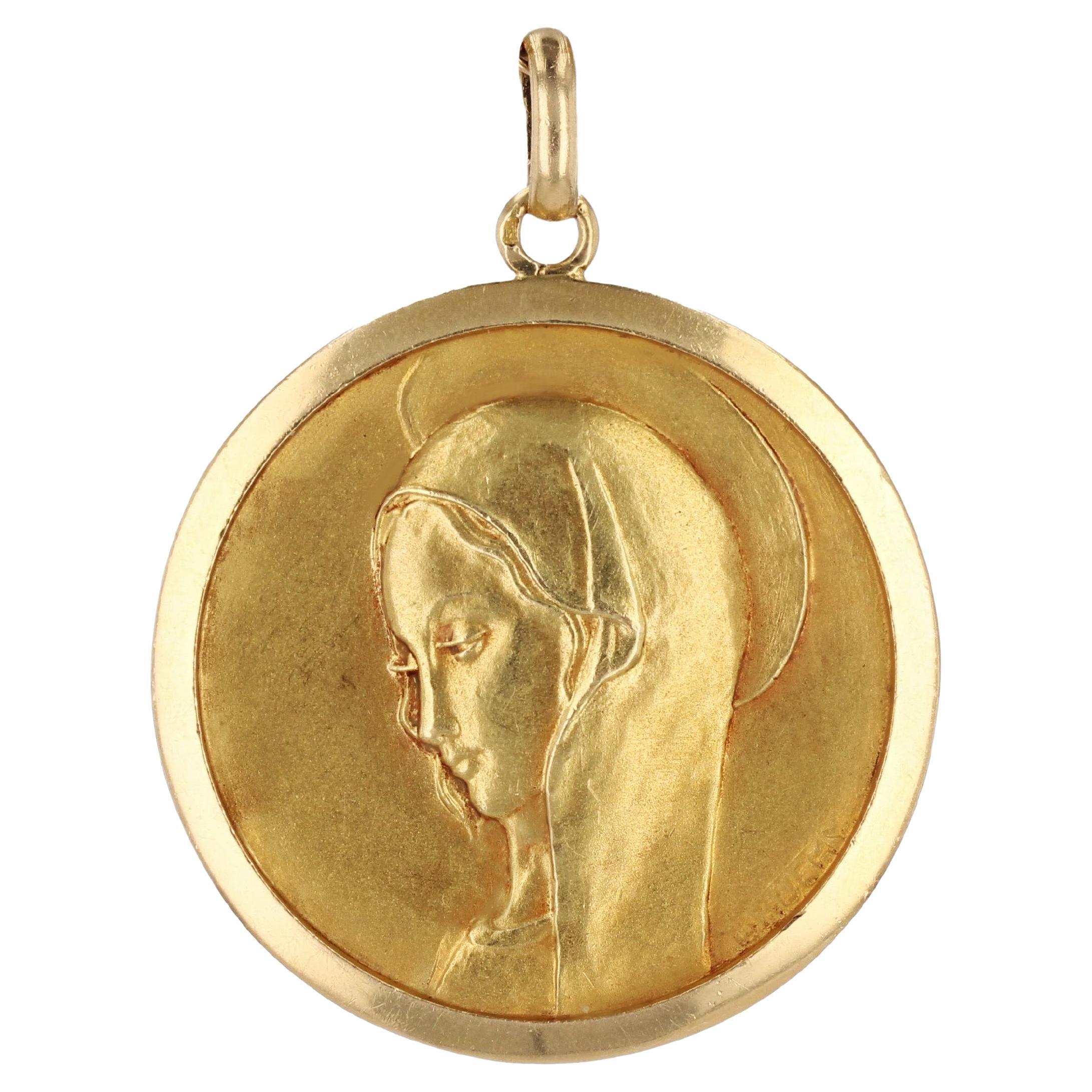French 1960s Signed Bauchy 18 Karat Yellow Gold Virgin Mary Medal For Sale