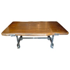 French 1960s Small Walnut Coffee Table with Wrought Iron Legs