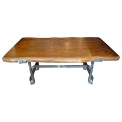 Vintage French 1960s Small Walnut Coffee Table with Wrought Iron Legs