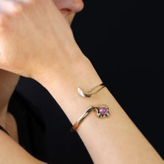 French 1960s Star Ruby Diamonds 18 Karat Yellow Gold Snake Bracelet