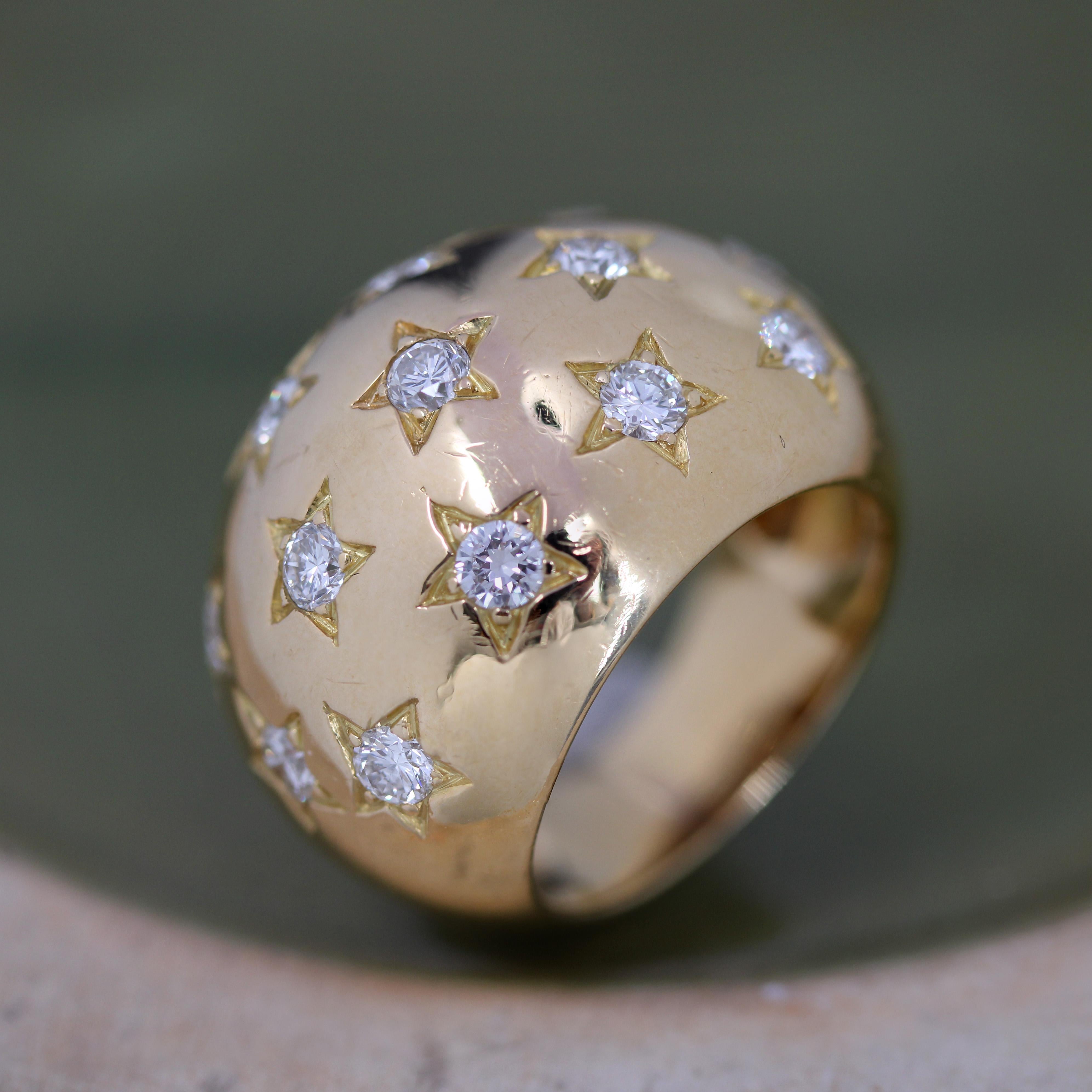 French 1960s Star Setting Brilliant Cut Diamond Ball Ring For Sale 2