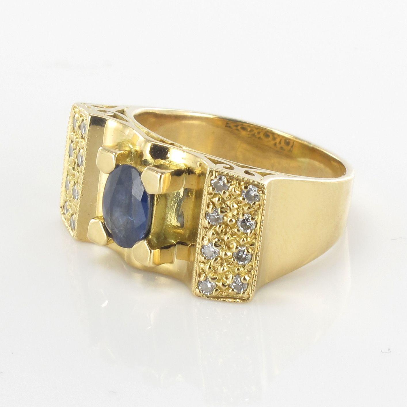 French 1960s Tank Style Sapphire Diamond 18 Karat Yellow Gold Ring 2