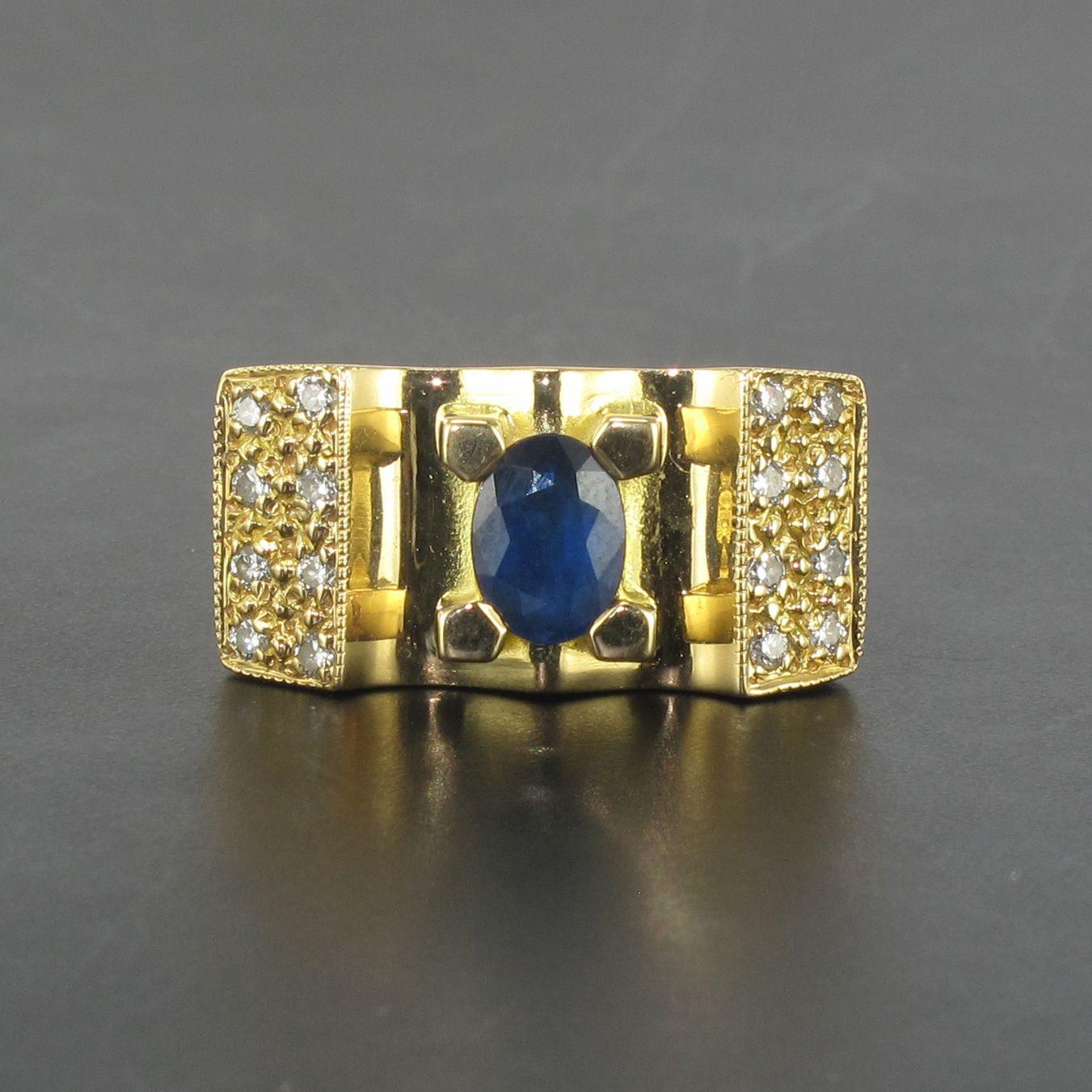 French 1960s Tank Style Sapphire Diamond 18 Karat Yellow Gold Ring 4