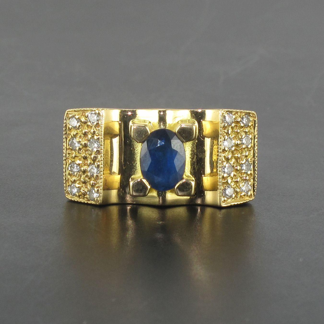 Französischer 1960er Jahre Panzer Stil Saphir Diamant 18 Karat Gelbgold Ring 7