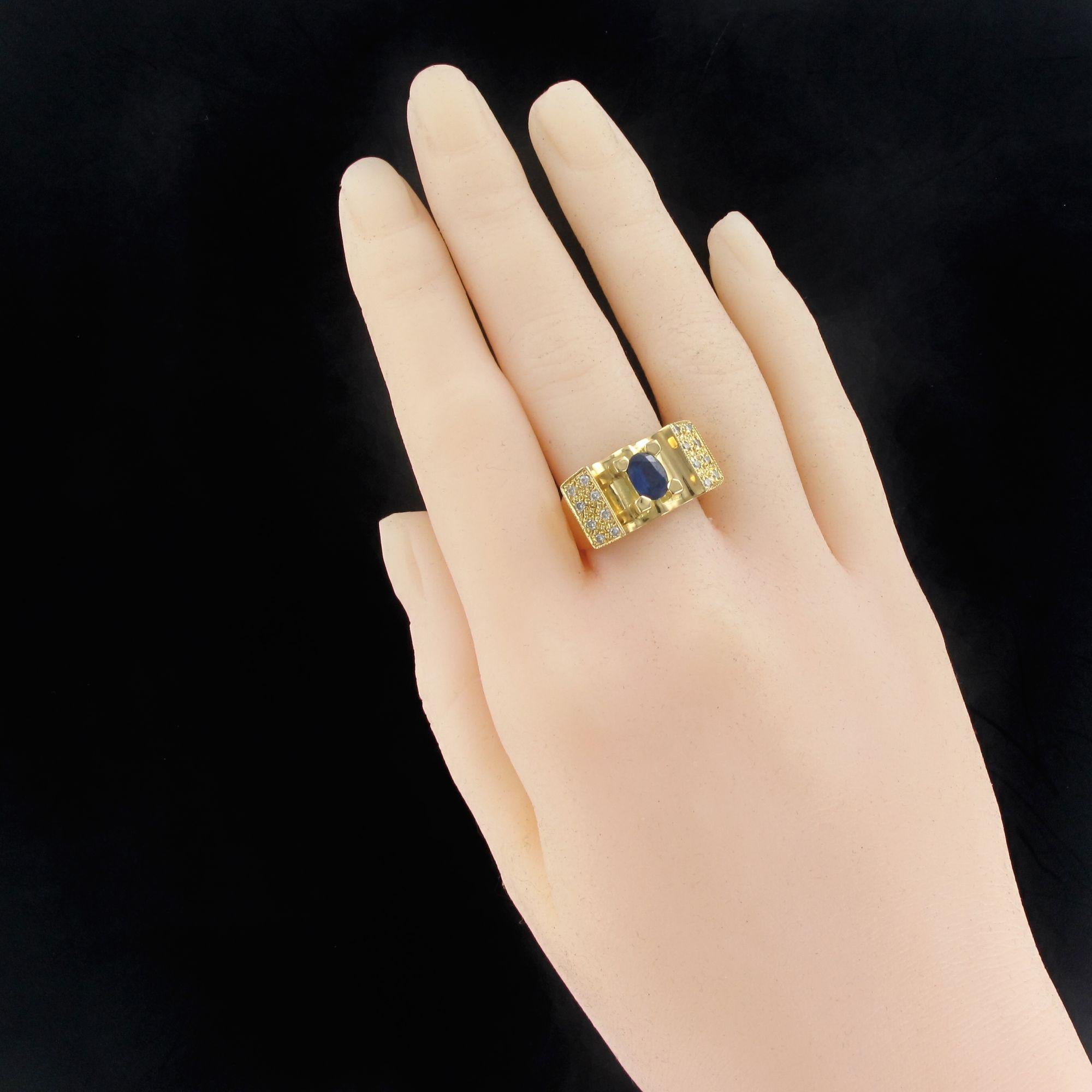 Französischer 1960er Jahre Panzer Stil Saphir Diamant 18 Karat Gelbgold Ring 9