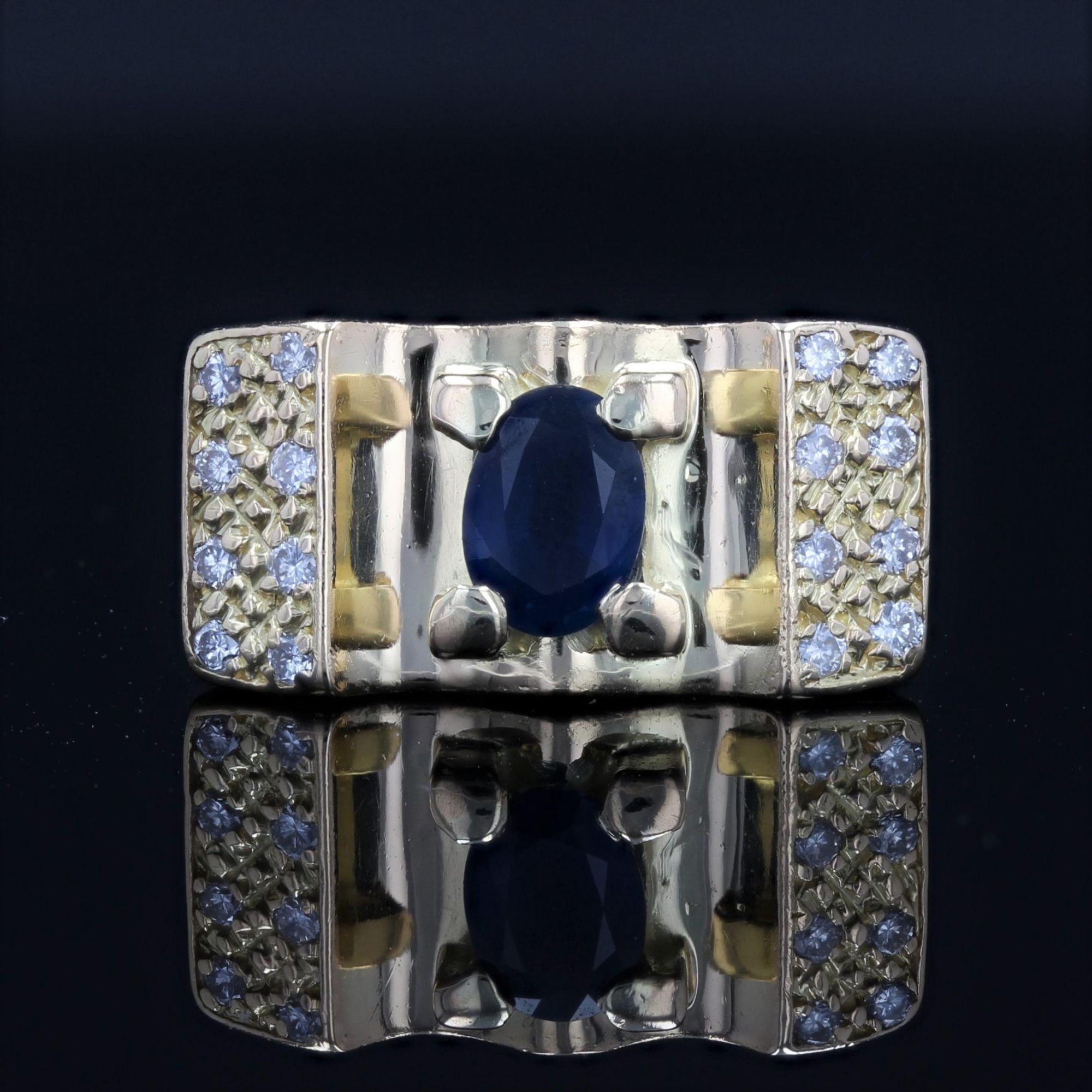 Französischer 1960er Jahre Panzer Stil Saphir Diamant 18 Karat Gelbgold Ring (Retro)