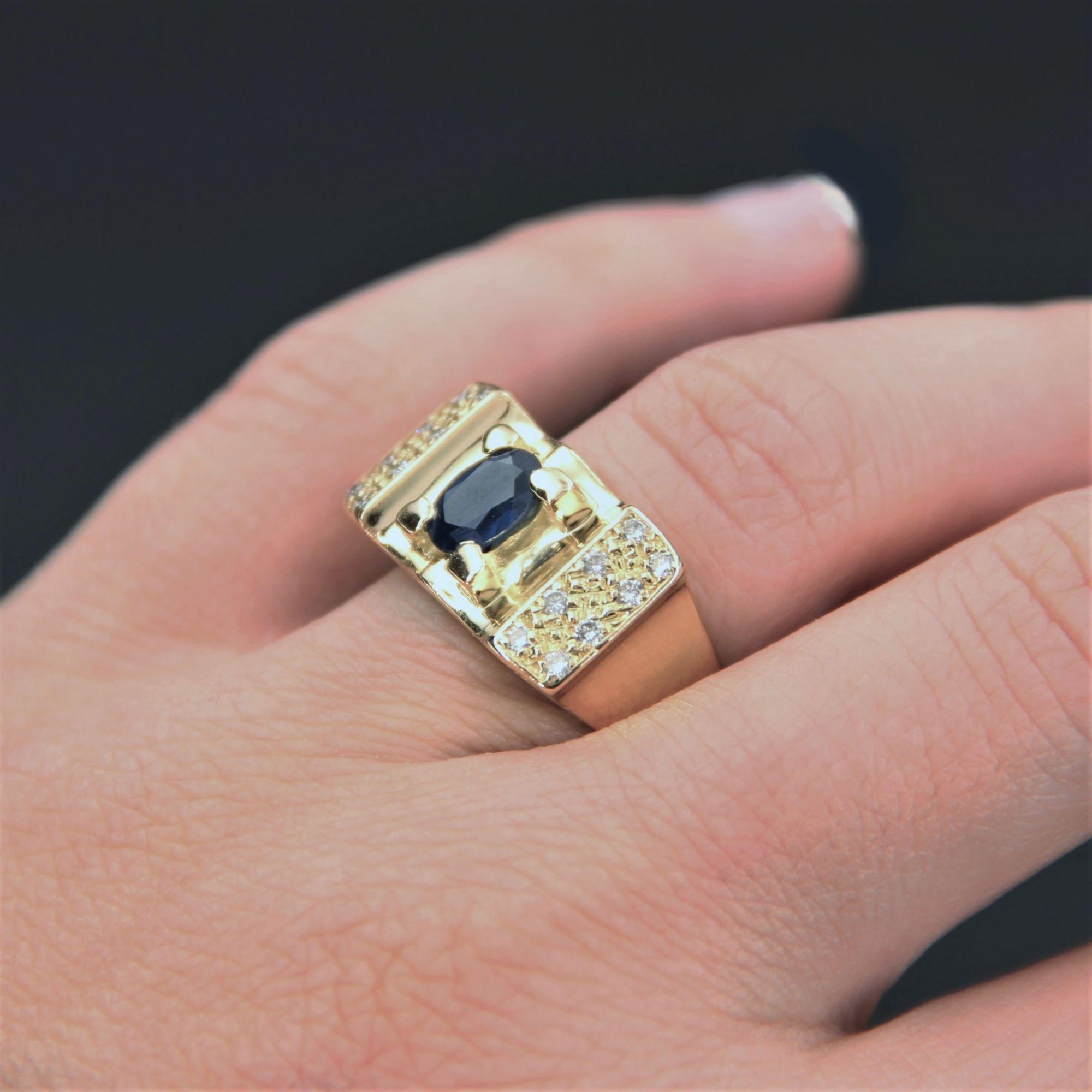 Französischer 1960er Jahre Panzer Stil Saphir Diamant 18 Karat Gelbgold Ring im Zustand „Gut“ in Poitiers, FR