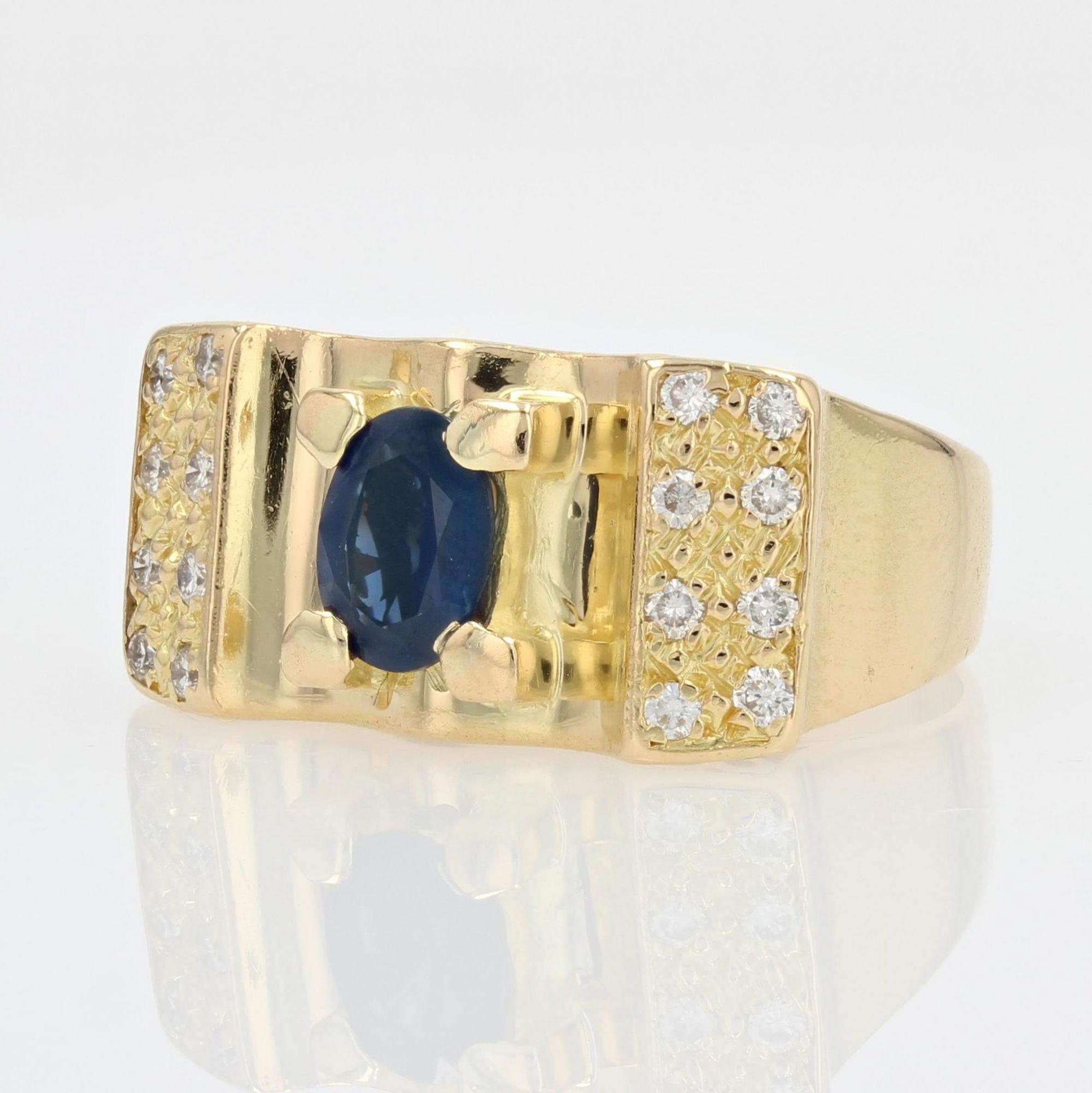Retro French 1960s Tank Style Sapphire Diamond 18 Karat Yellow Gold Ring