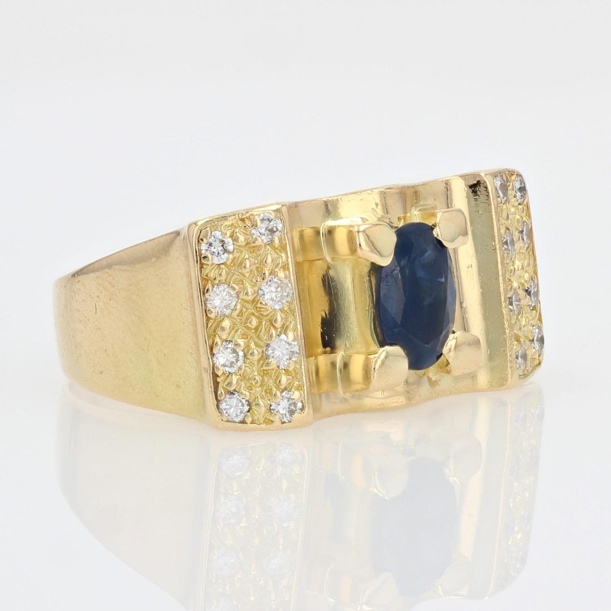 Oval Cut French 1960s Tank Style Sapphire Diamond 18 Karat Yellow Gold Ring