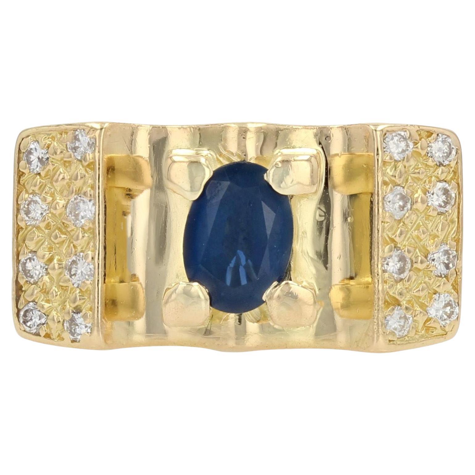 French 1960s Tank Style Sapphire Diamond 18 Karat Yellow Gold Ring