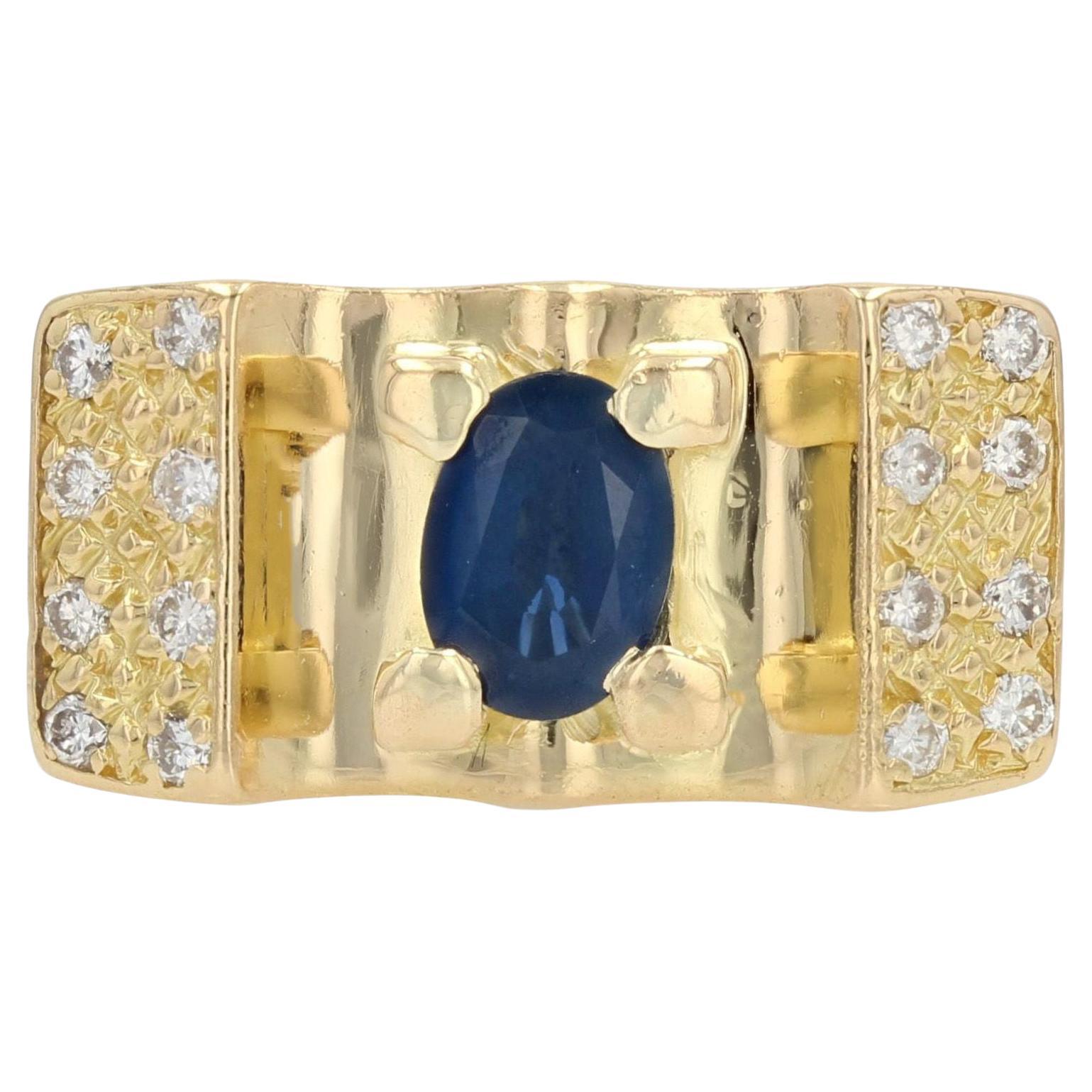 Französischer 1960er Jahre Panzer Stil Saphir Diamant 18 Karat Gelbgold Ring