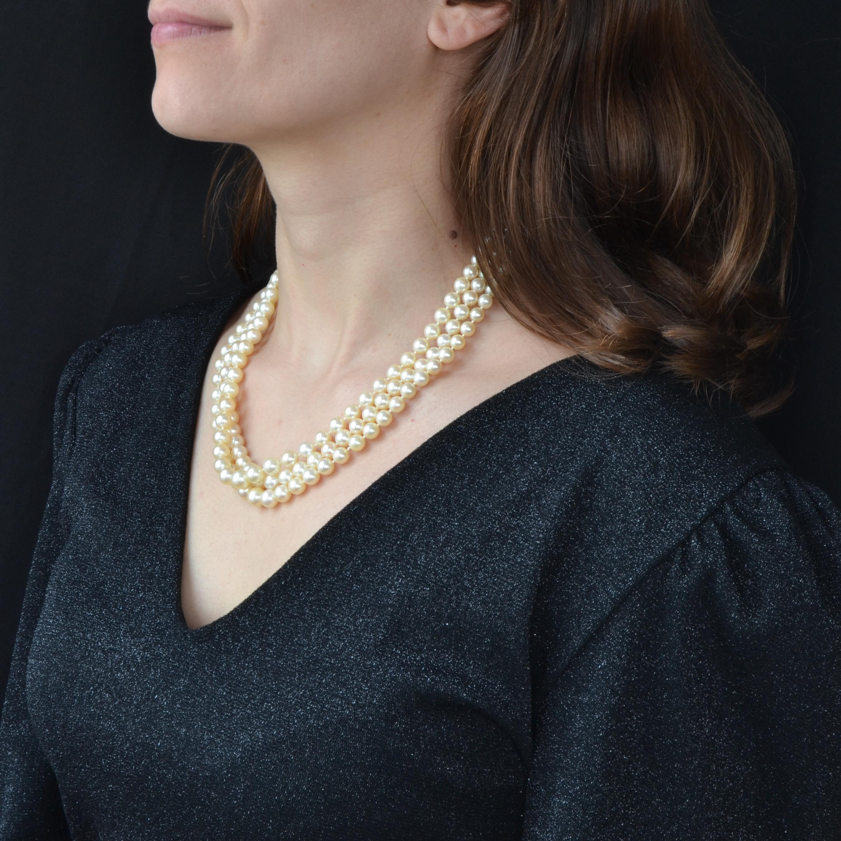 French, 1960s, Triple Strand Cultured Pearl Necklace 4