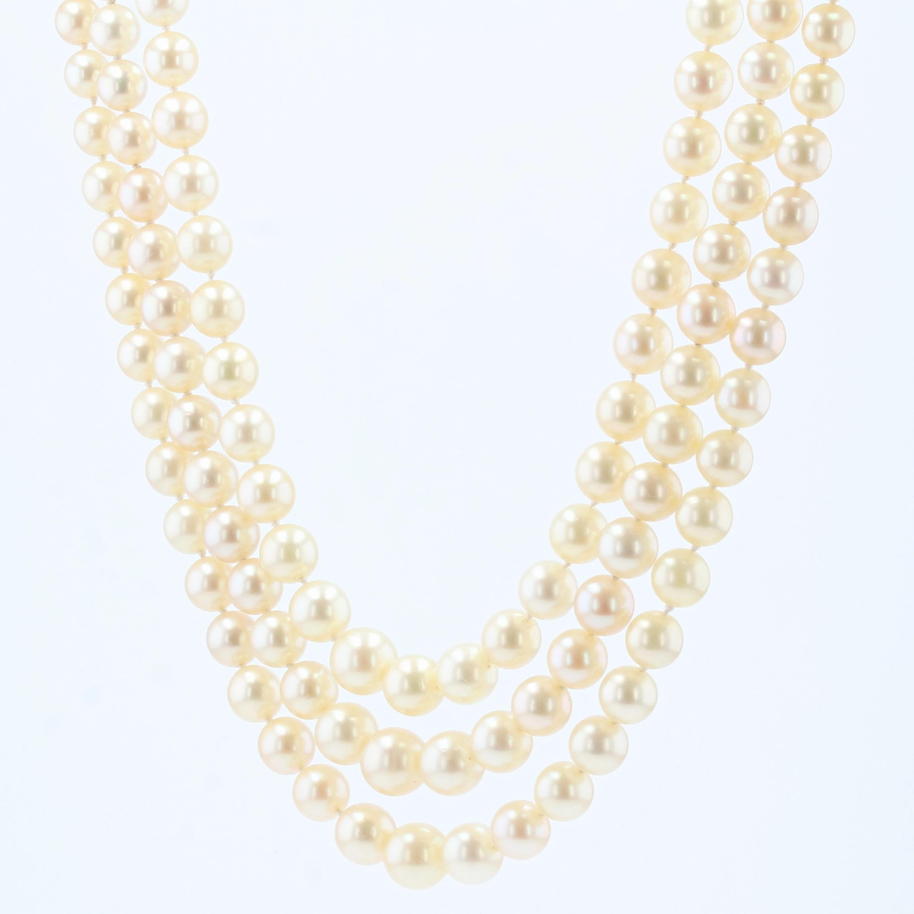 French, 1960s, Triple Strand Cultured Pearl Necklace 5