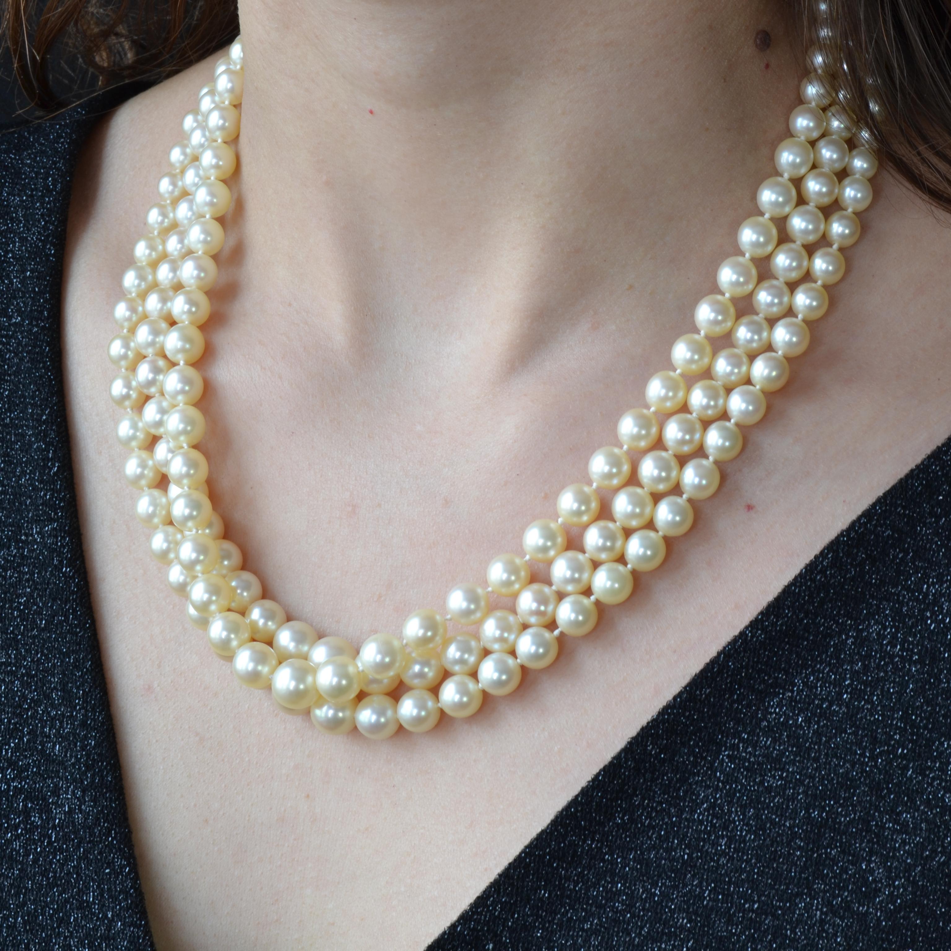 French, 1960s, Triple Strand Cultured Pearl Necklace 6