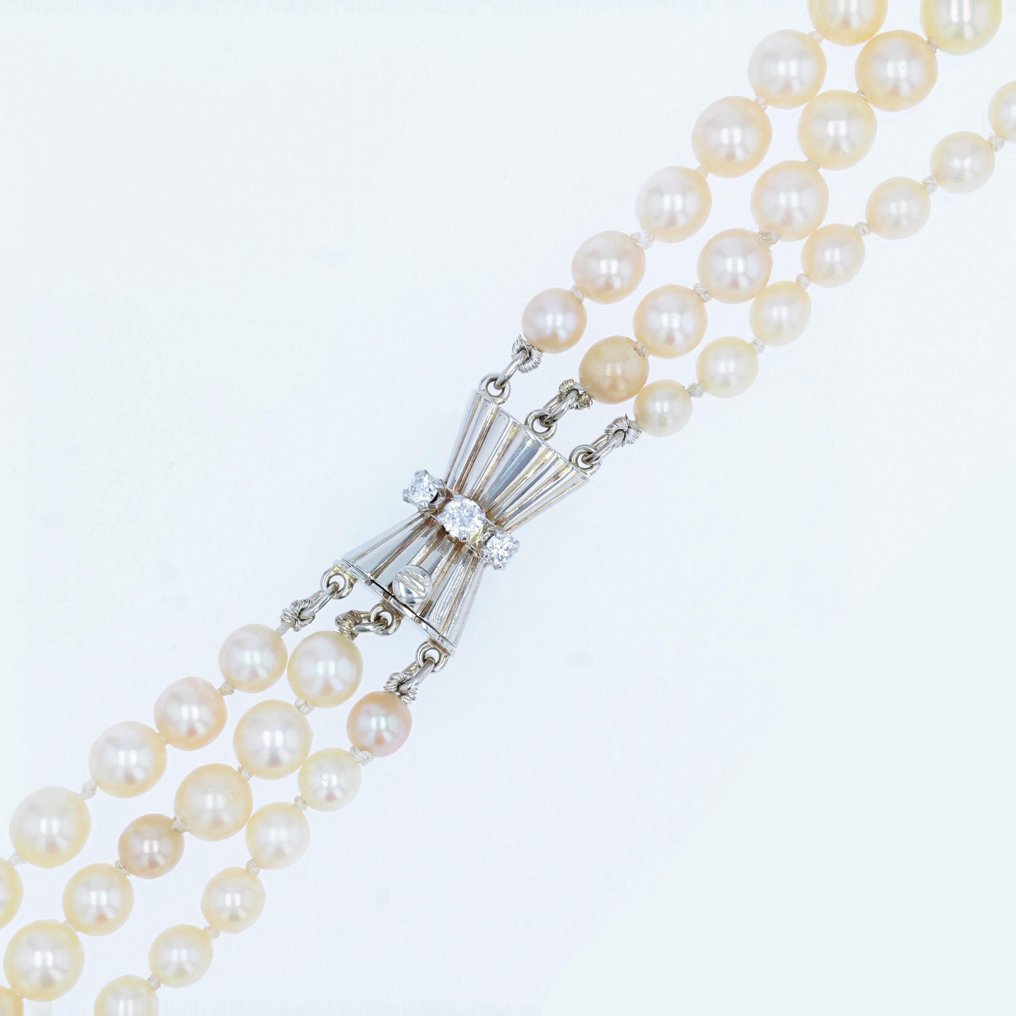 Retro French, 1960s, Triple Strand Cultured Pearl Necklace