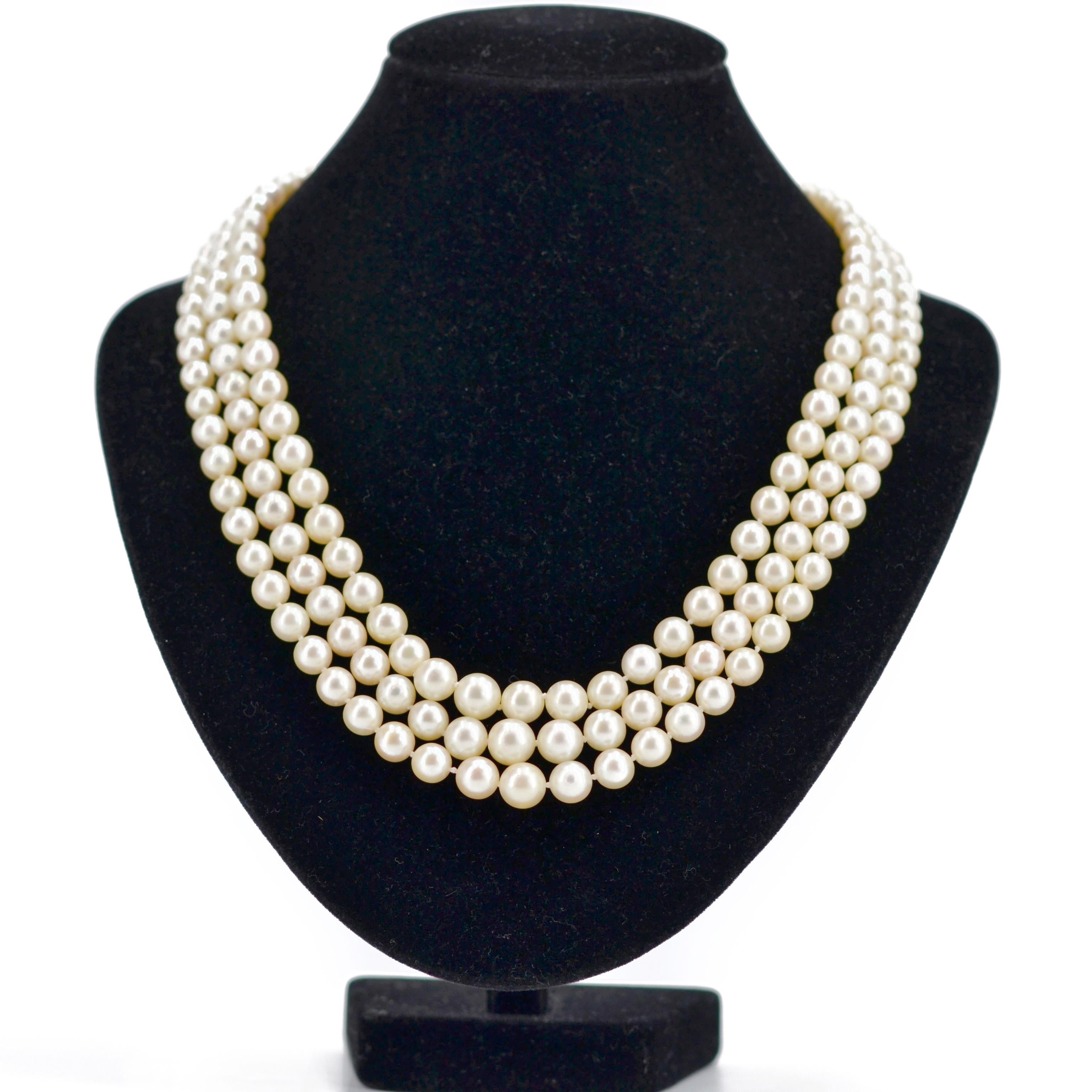 Bead French, 1960s, Triple Strand Cultured Pearl Necklace