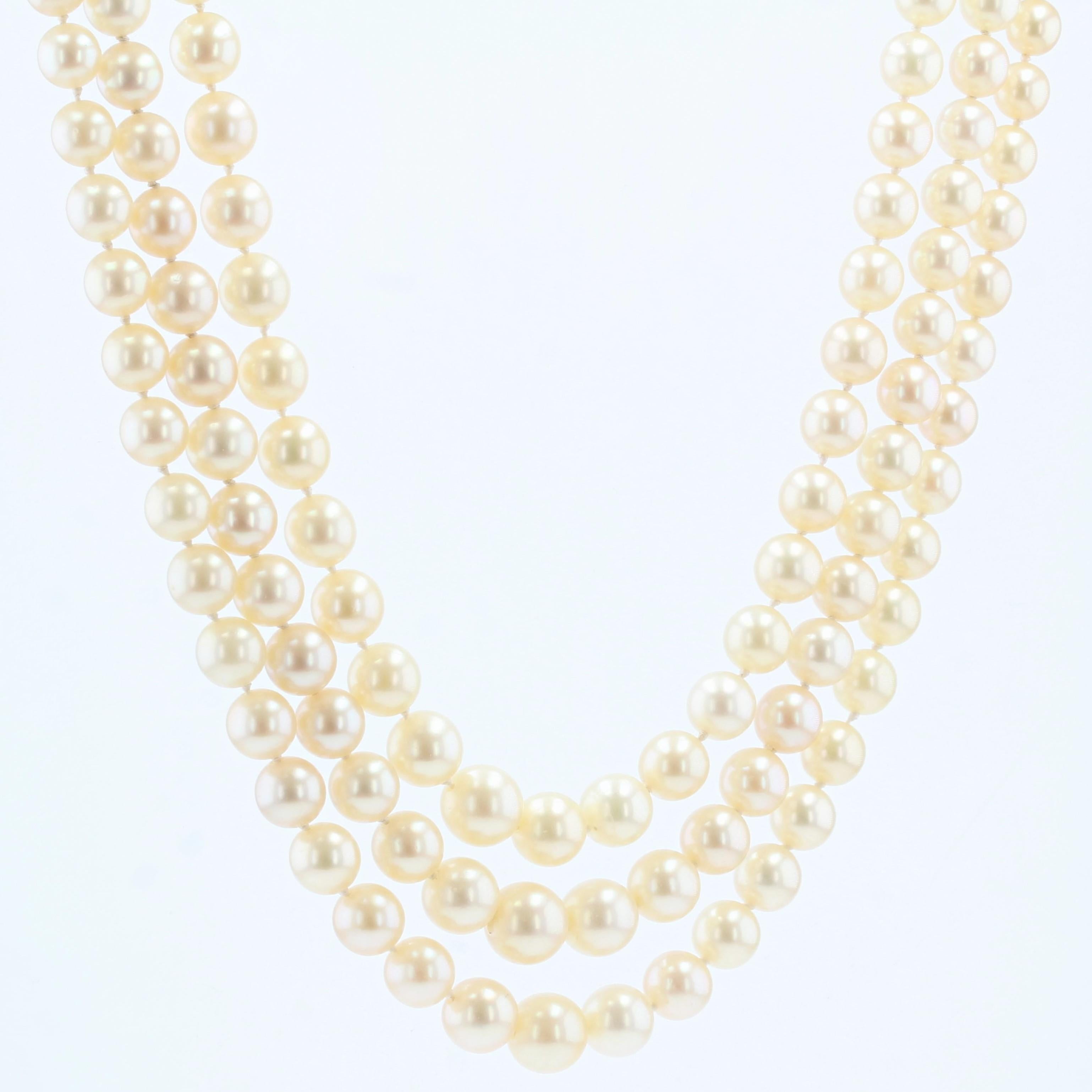 French, 1960s, Triple Strand Cultured Pearl Necklace 1