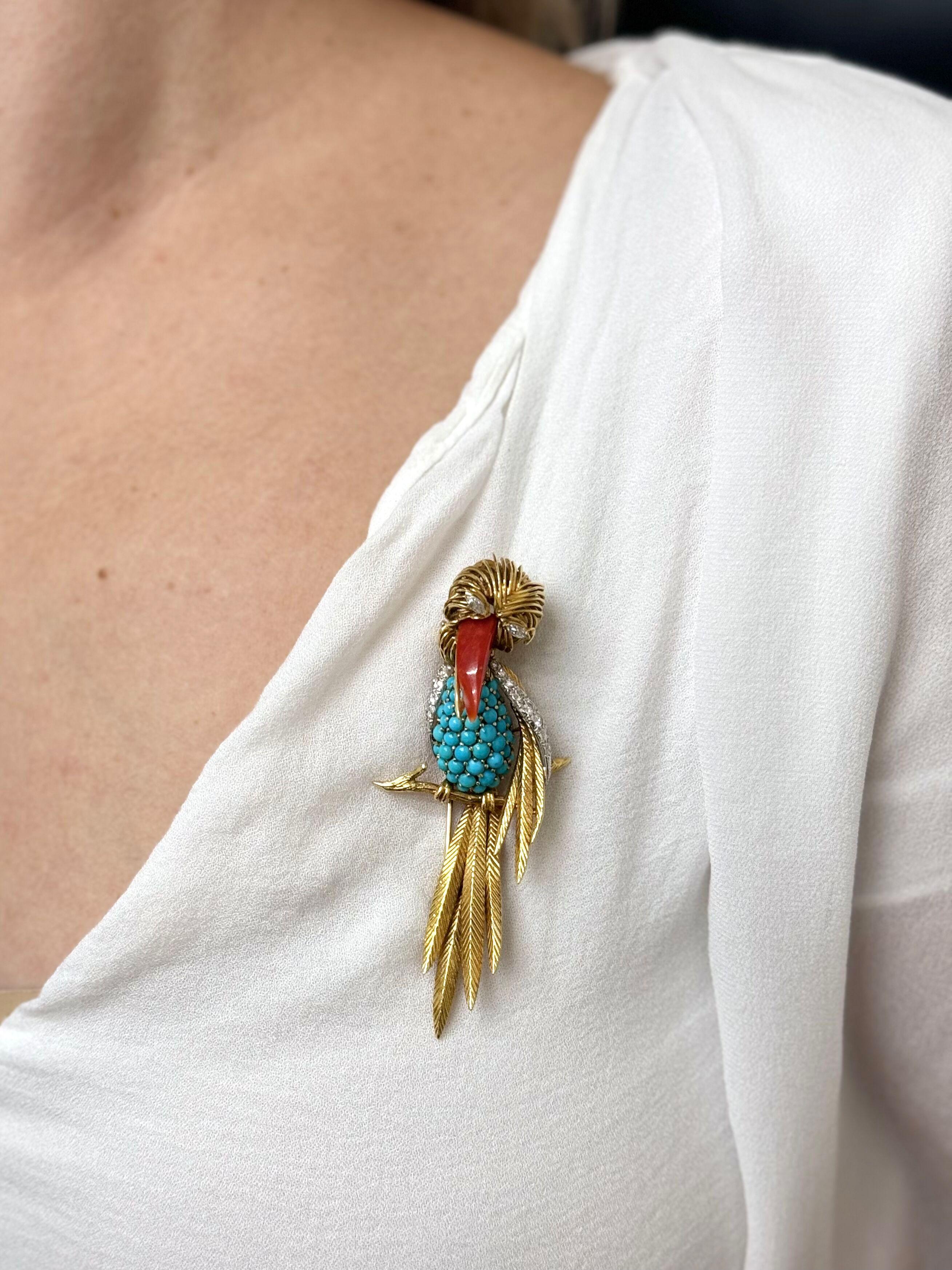 French 1960s Turquoise Coral Diamond Gold Toucan Bird Brooch  For Sale 5