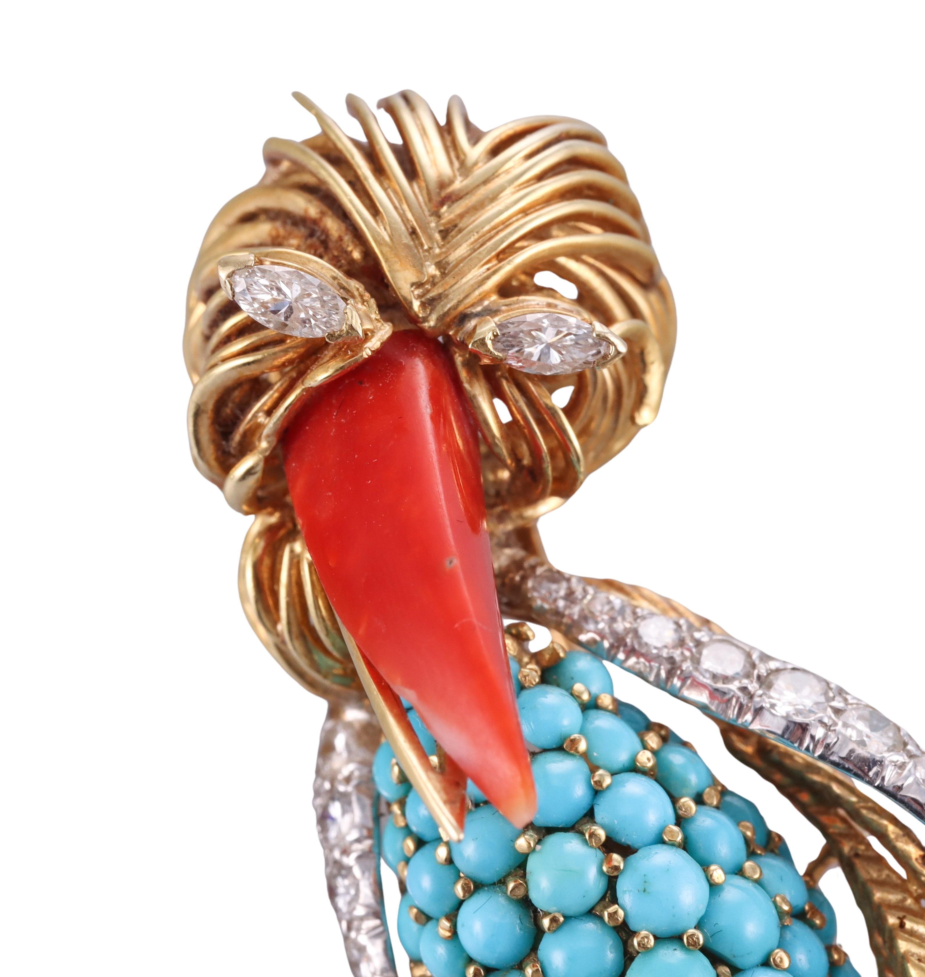 French made, circa 1960s 18k gold toucan brooch, adorned with turquoise, coral beak and approx. 0.80ctw G/VS-SI1 diamonds. Brooch measures 3.25