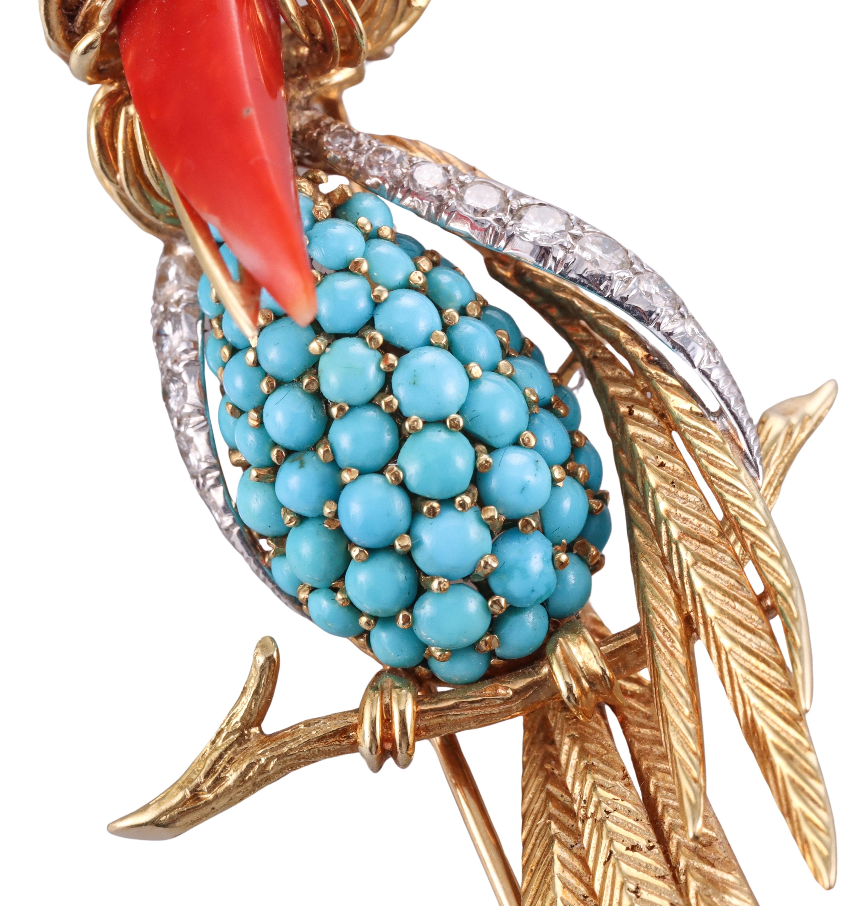 Round Cut French 1960s Turquoise Coral Diamond Gold Toucan Bird Brooch  For Sale