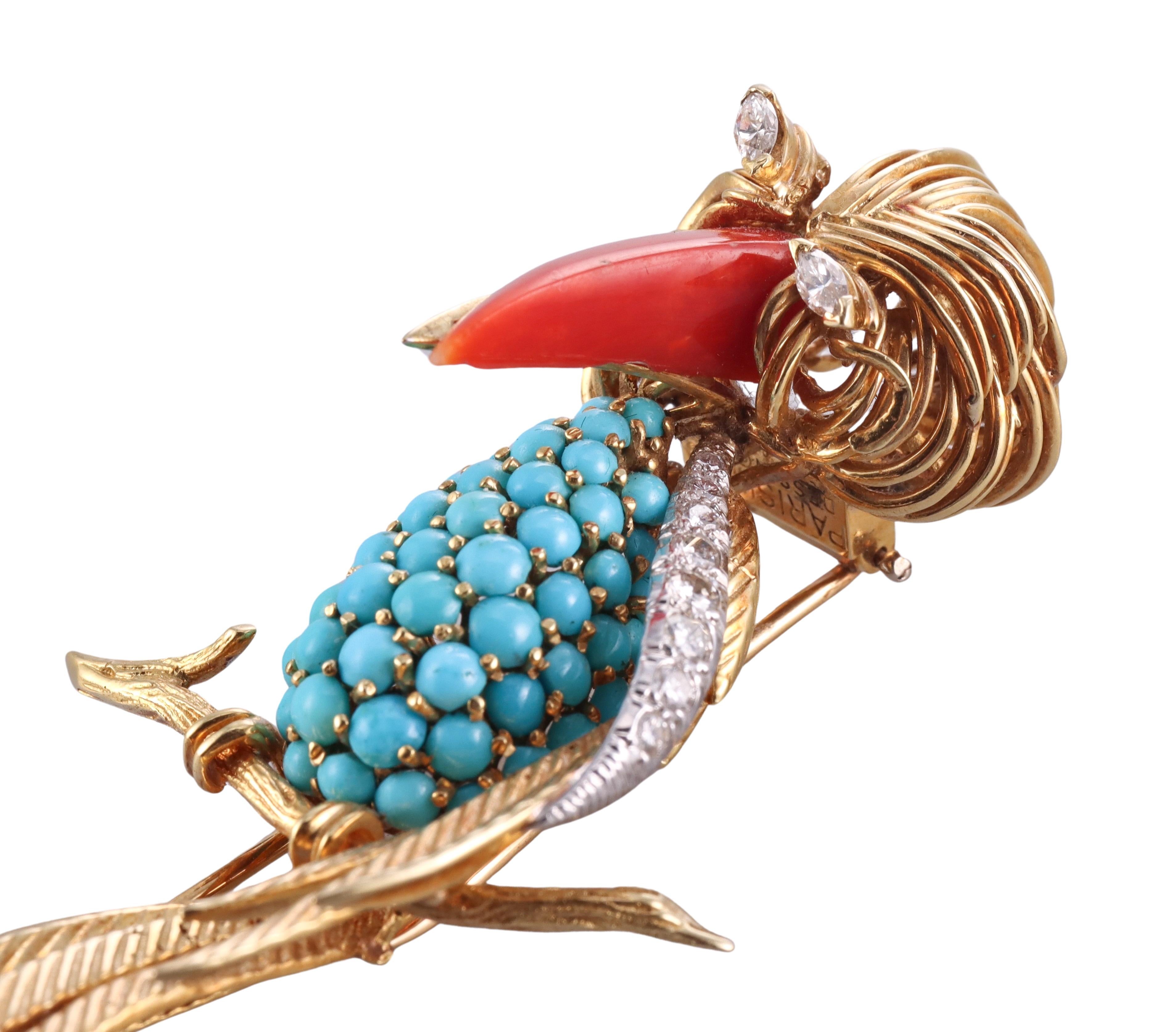 Women's or Men's French 1960s Turquoise Coral Diamond Gold Toucan Bird Brooch  For Sale
