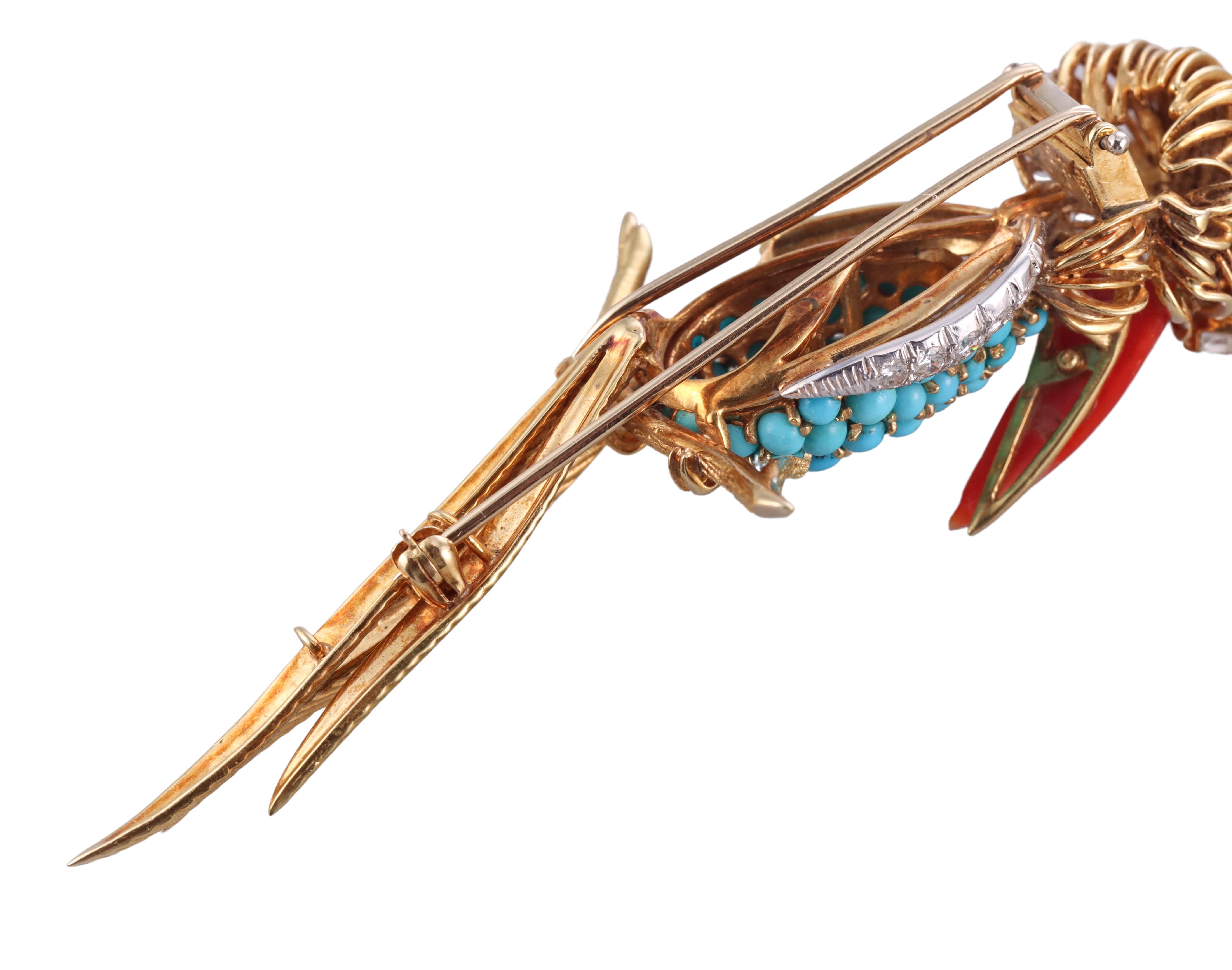 French 1960s Turquoise Coral Diamond Gold Toucan Bird Brooch  For Sale 2