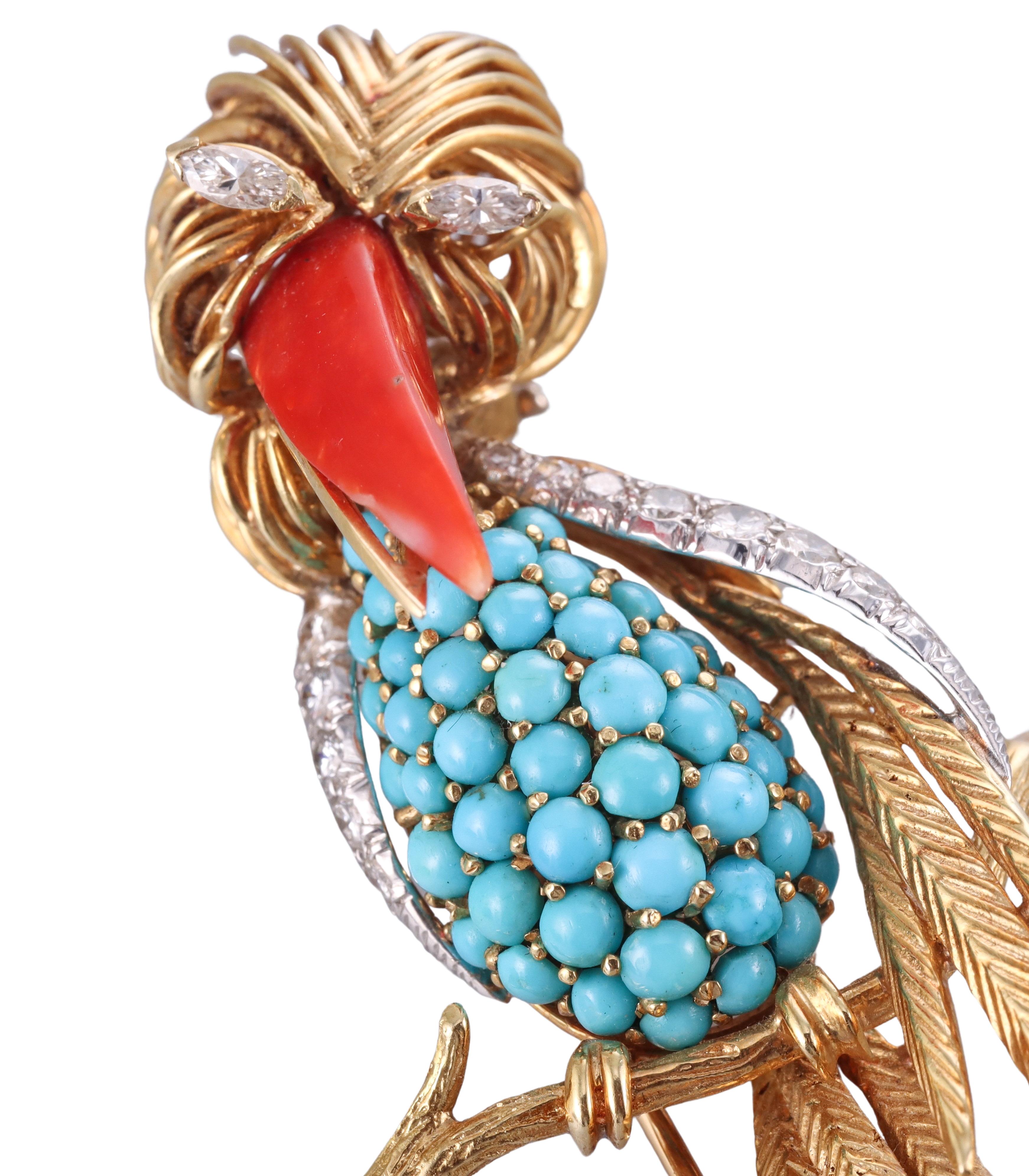 French 1960s Turquoise Coral Diamond Gold Toucan Bird Brooch  For Sale 3