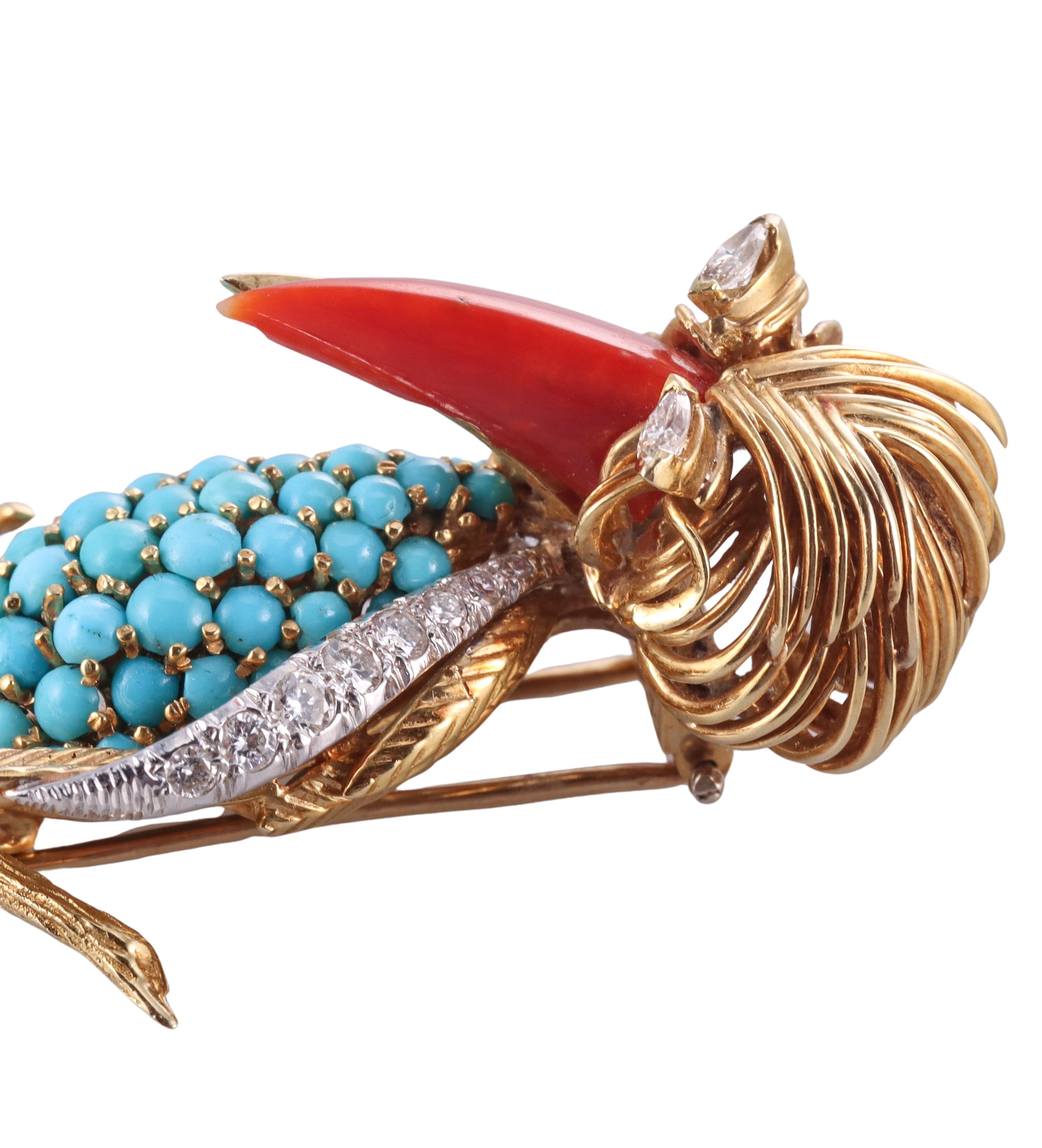 French 1960s Turquoise Coral Diamond Gold Toucan Bird Brooch  For Sale 4