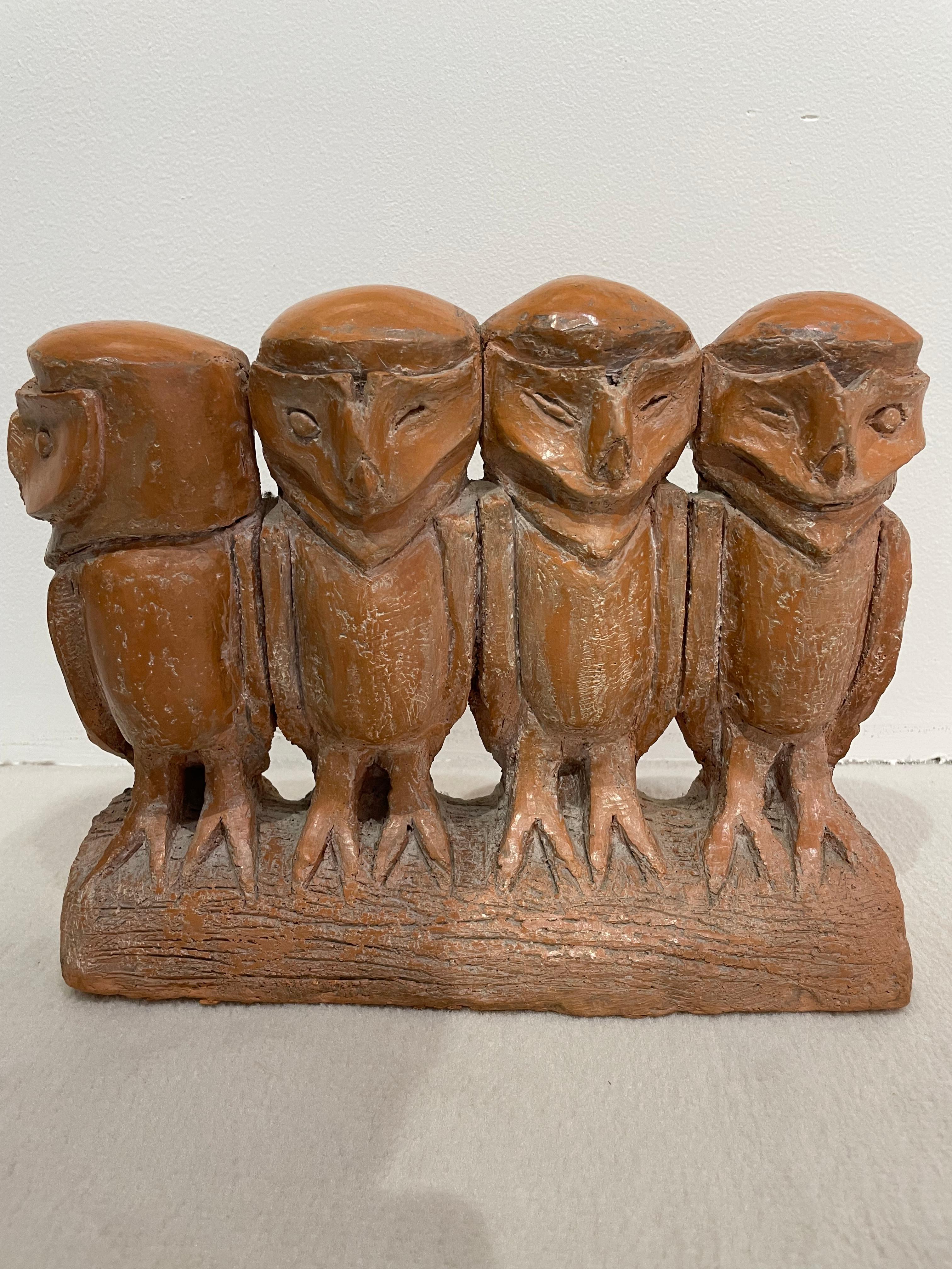 French 1960's  Vallauris Four Owls Terracota In Good Condition For Sale In palm beach, FL