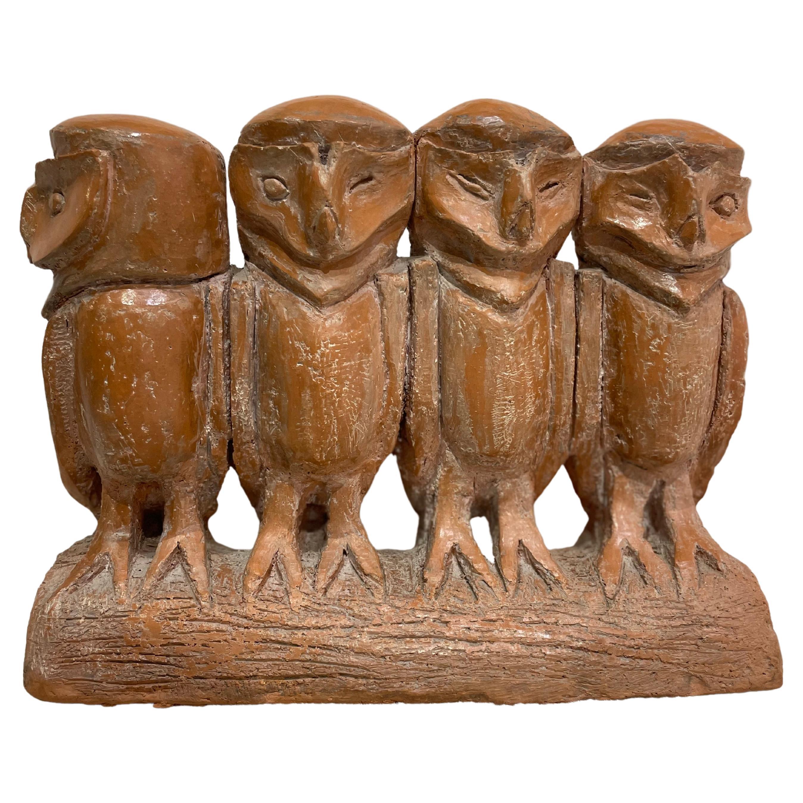 French 1960's  Vallauris Four Owls Terracota For Sale