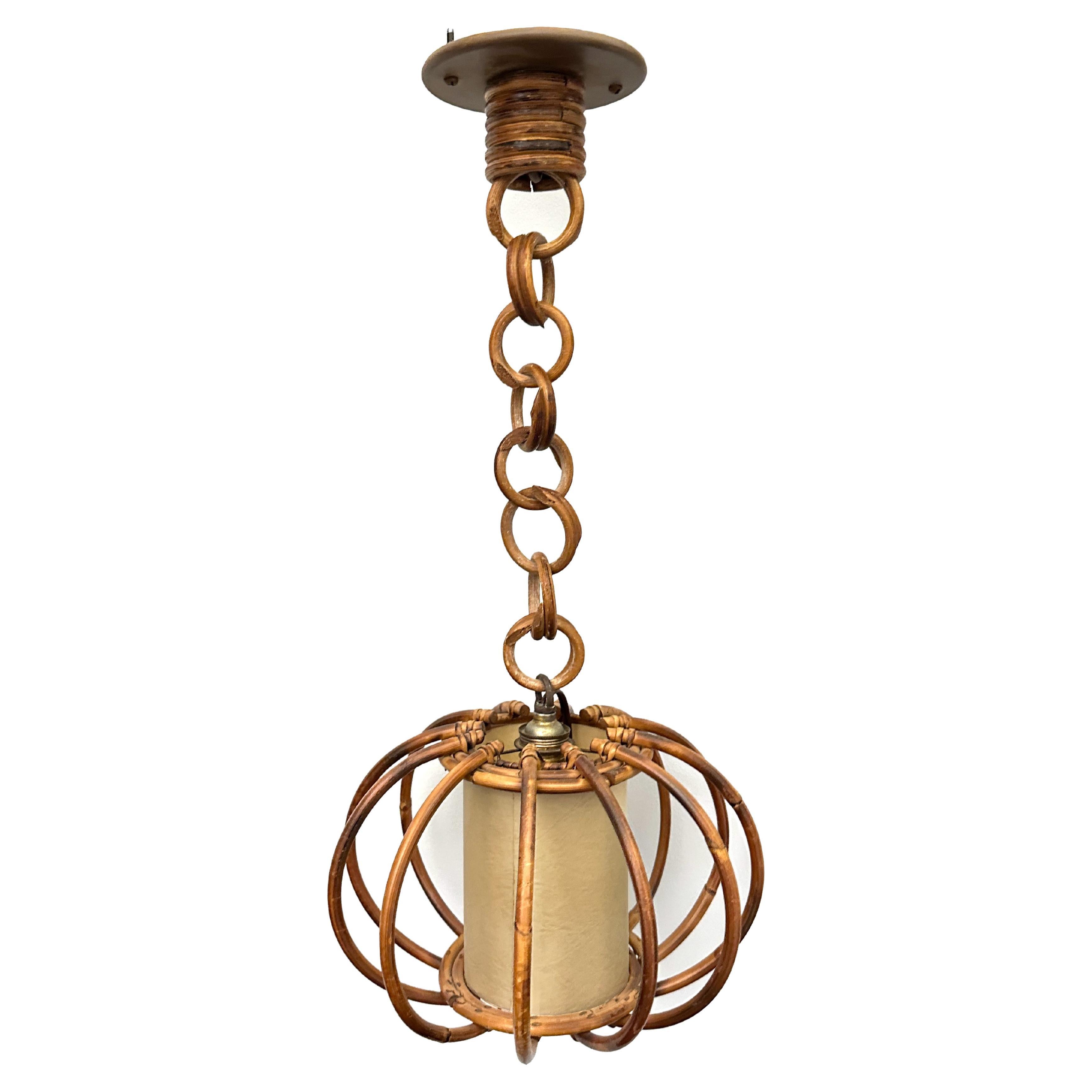 French 1960s Vintage Bamboo & Rattan Pendant Lamp