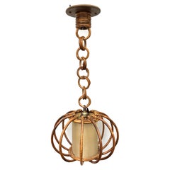 French 1960s Antique Bamboo & Rattan Pendant Lamp