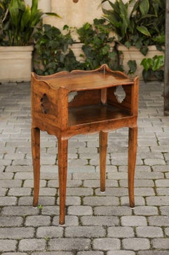French 1960s Walnut Nightstand Table with Open Shelf and Quatrefoil Motifs