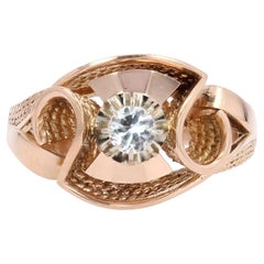 French 1960s White Sapphire 18 Karat Rose Gold Retro Ring