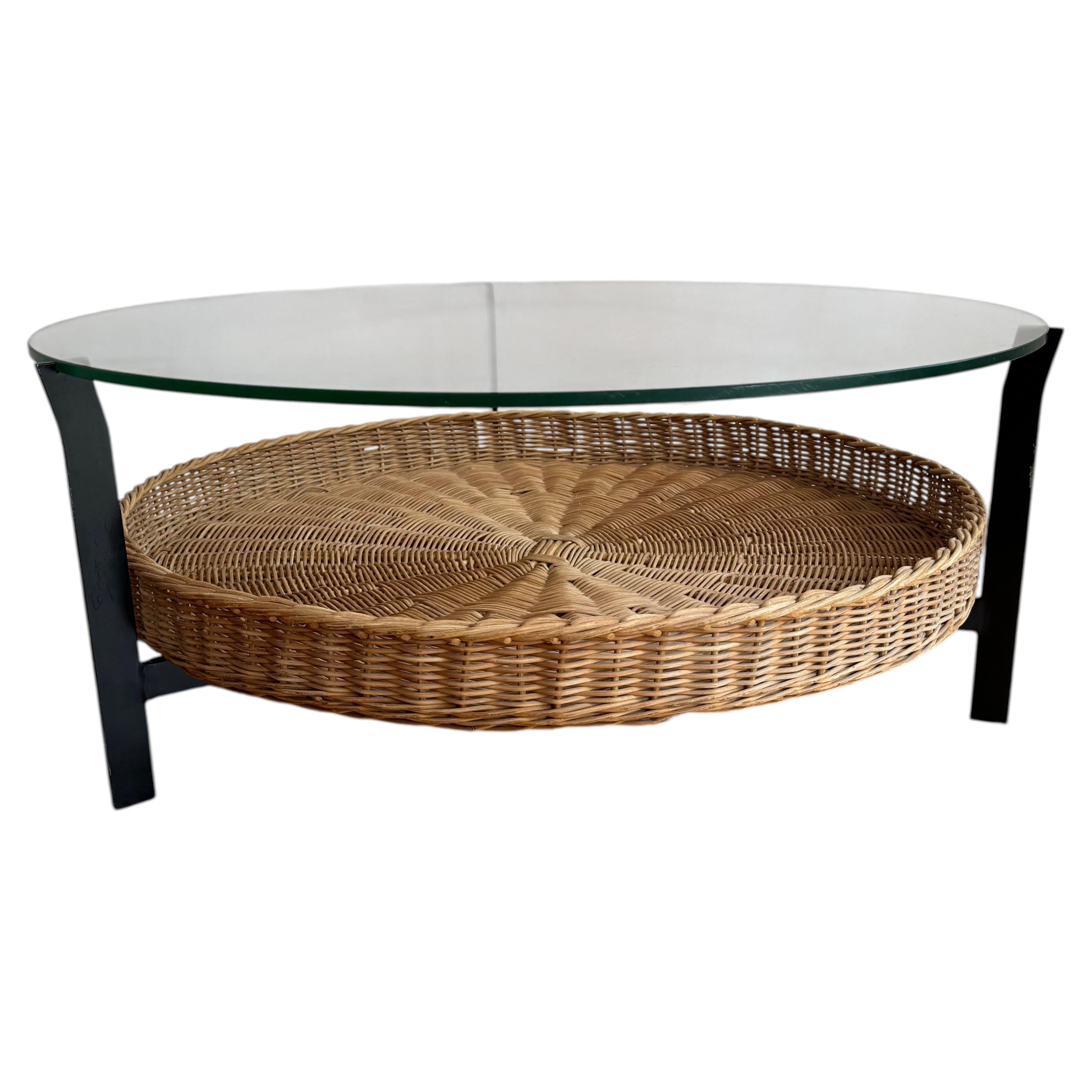 1960s French Mid-Century Modern Wicker and Glass Two-Tier Coffee Table