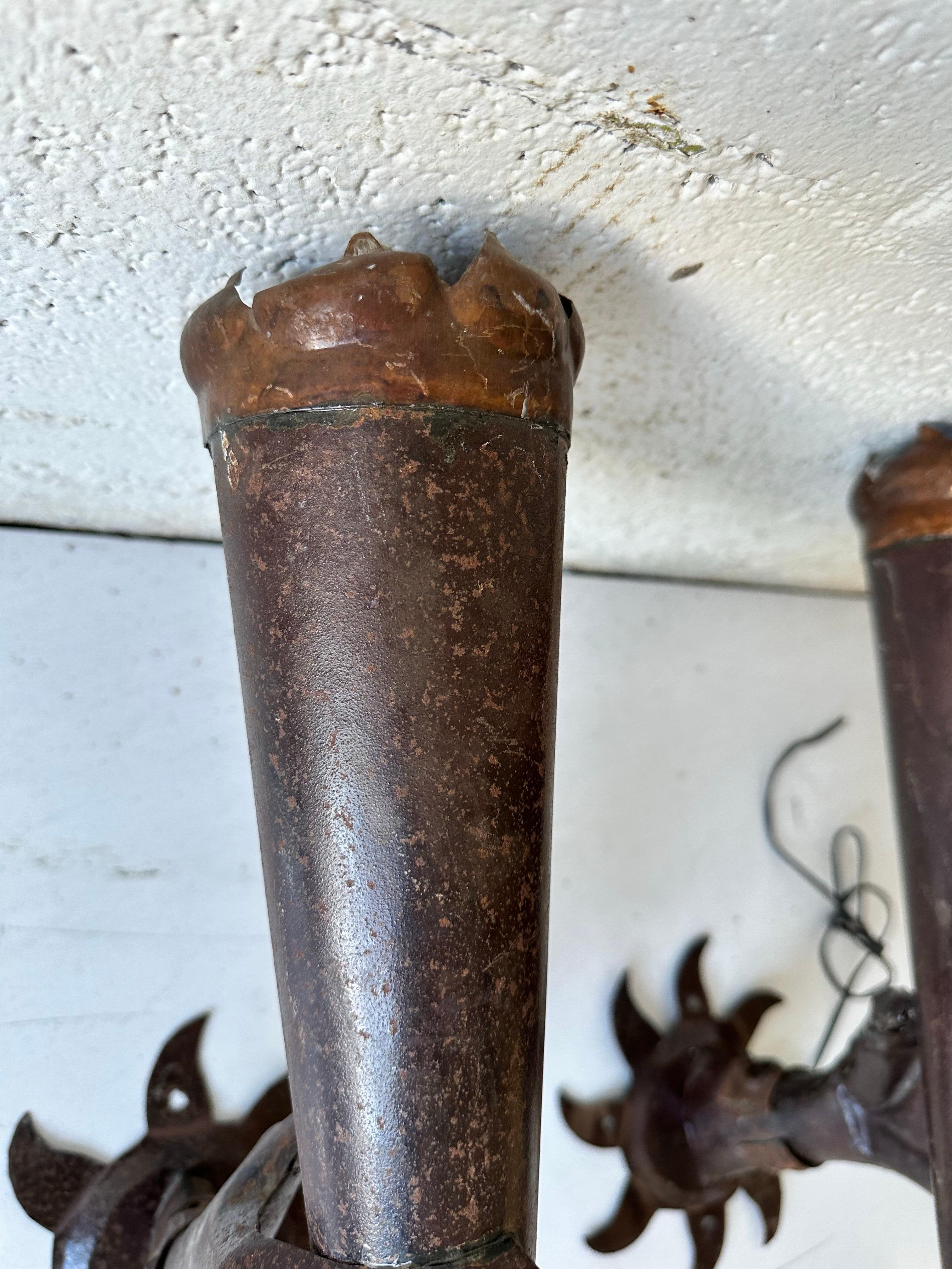 French 1960’s  Wrought Iron Torchieres In Fair Condition For Sale In Miami, FL
