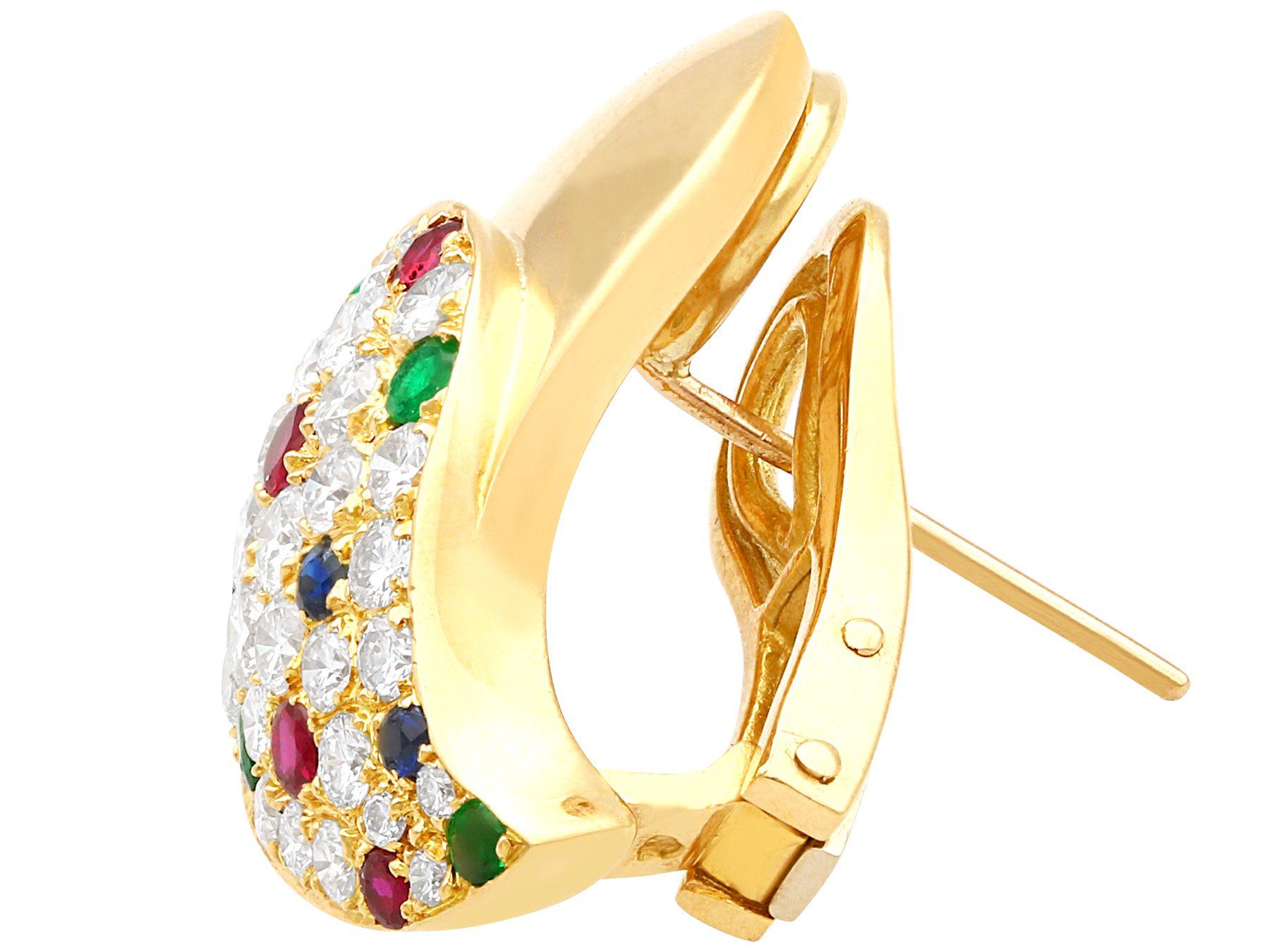 Round Cut French 1.97 Carat Diamond Ruby Emerald and Sapphire 18k Yellow Gold Earrings For Sale