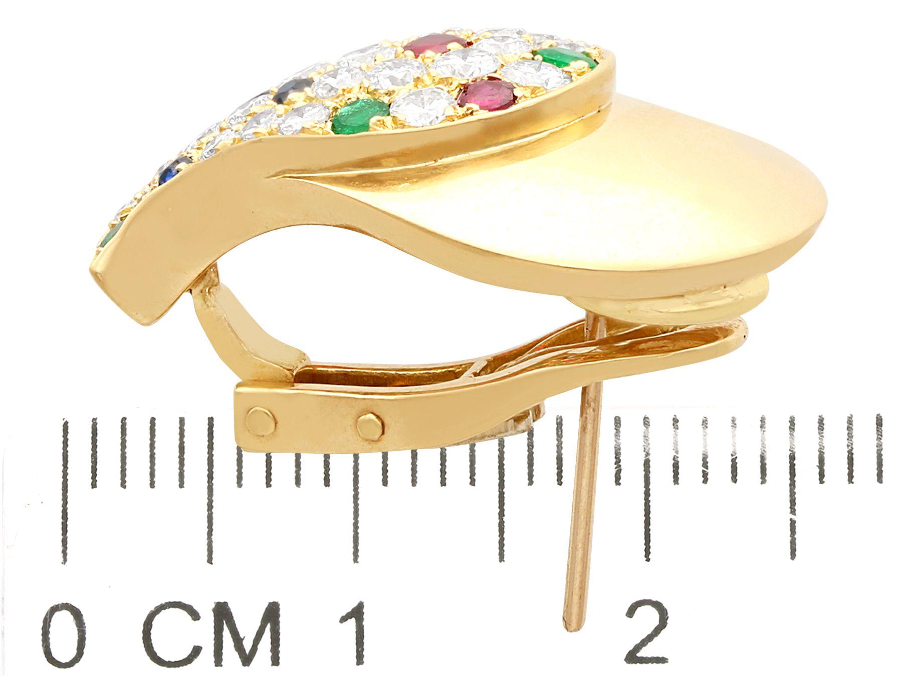 French 1.97 Carat Diamond Ruby Emerald and Sapphire 18k Yellow Gold Earrings For Sale 1
